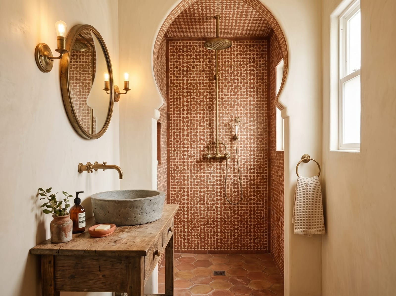 Horizontal view of the rustic arched terracotta alcove shower and reclaimed wood console vanity.