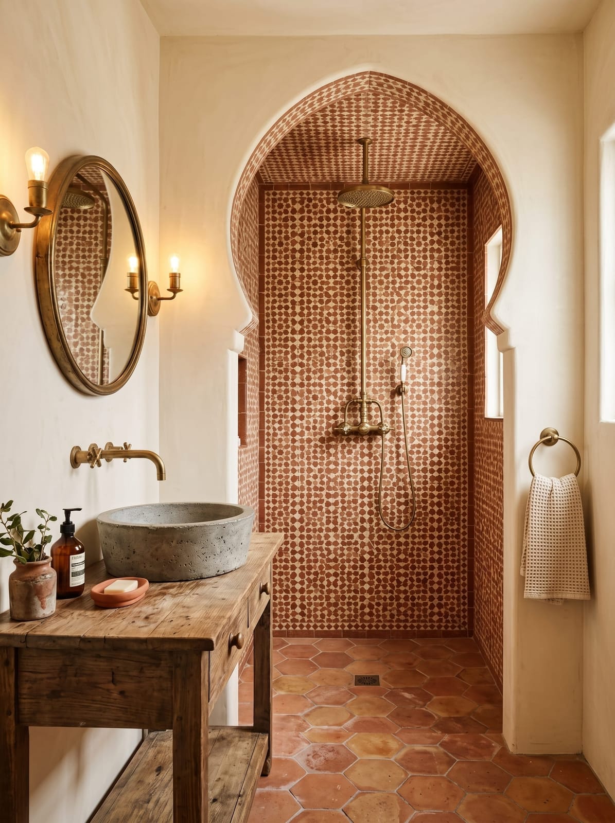 Rustic warm bathroom featuring an arched alcove shower lined with handmade terracotta tiles, an exposed pipe brushed gold shower system with rain head and cross handles, a freestanding rustic wood console vanity with two drawers and slatted lower shelf, a dark grey concrete round vessel sink, an oval brass-framed wall mirror, a bare-bulb brass wall sconce, and an unbleached waffle hand towel on a brass ring.
