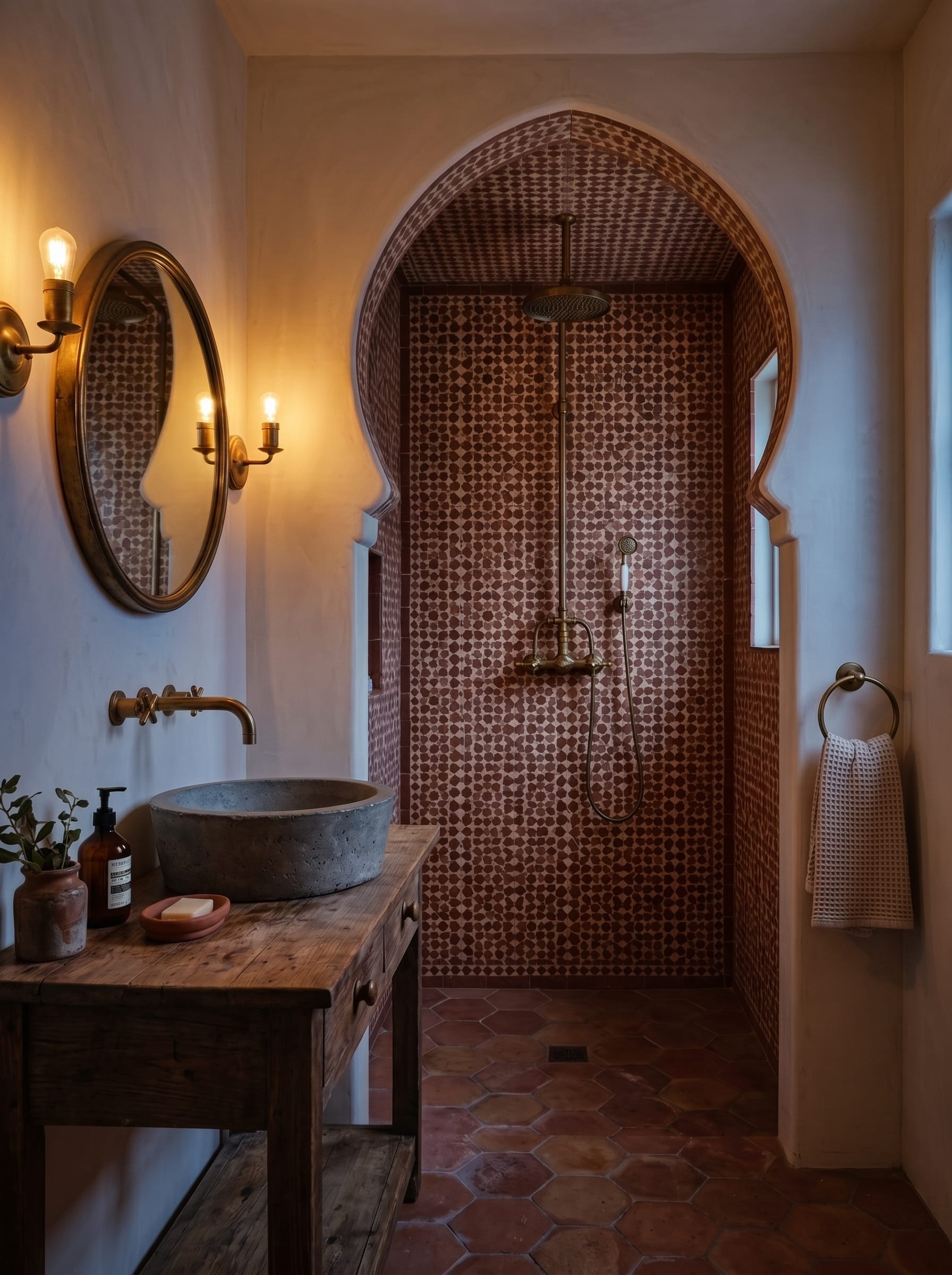 Arched terracotta tile shower alcove with exposed gold pipes and a rustic wood console vanity holding a dark grey concrete vessel sink, flanked by oval brass mirror and bare-bulb sconce shown in natural daylight and soft ambient light.