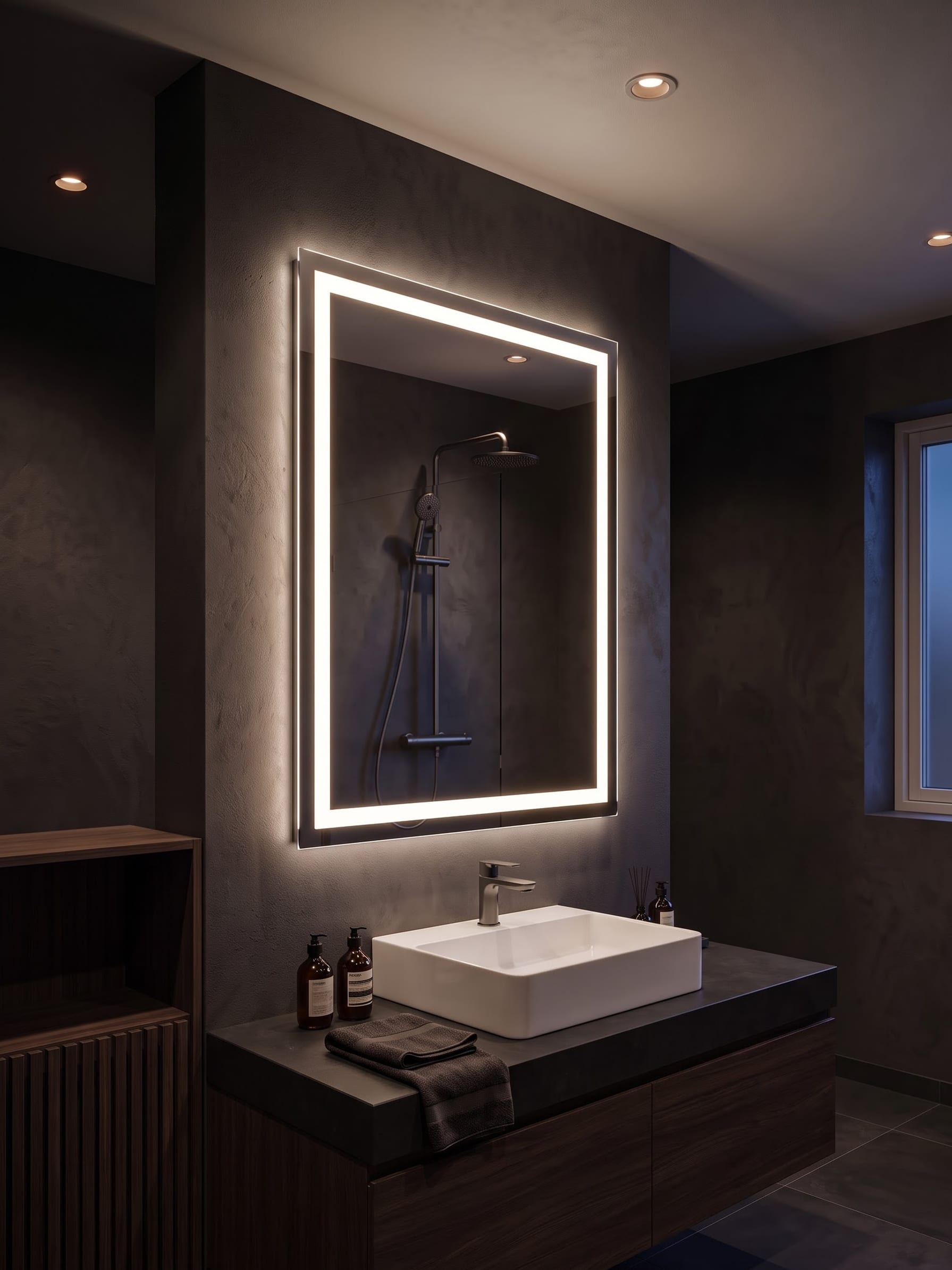 Dark bathroom vanity with a bright illuminated rectangular mirror and white vessel sink.
