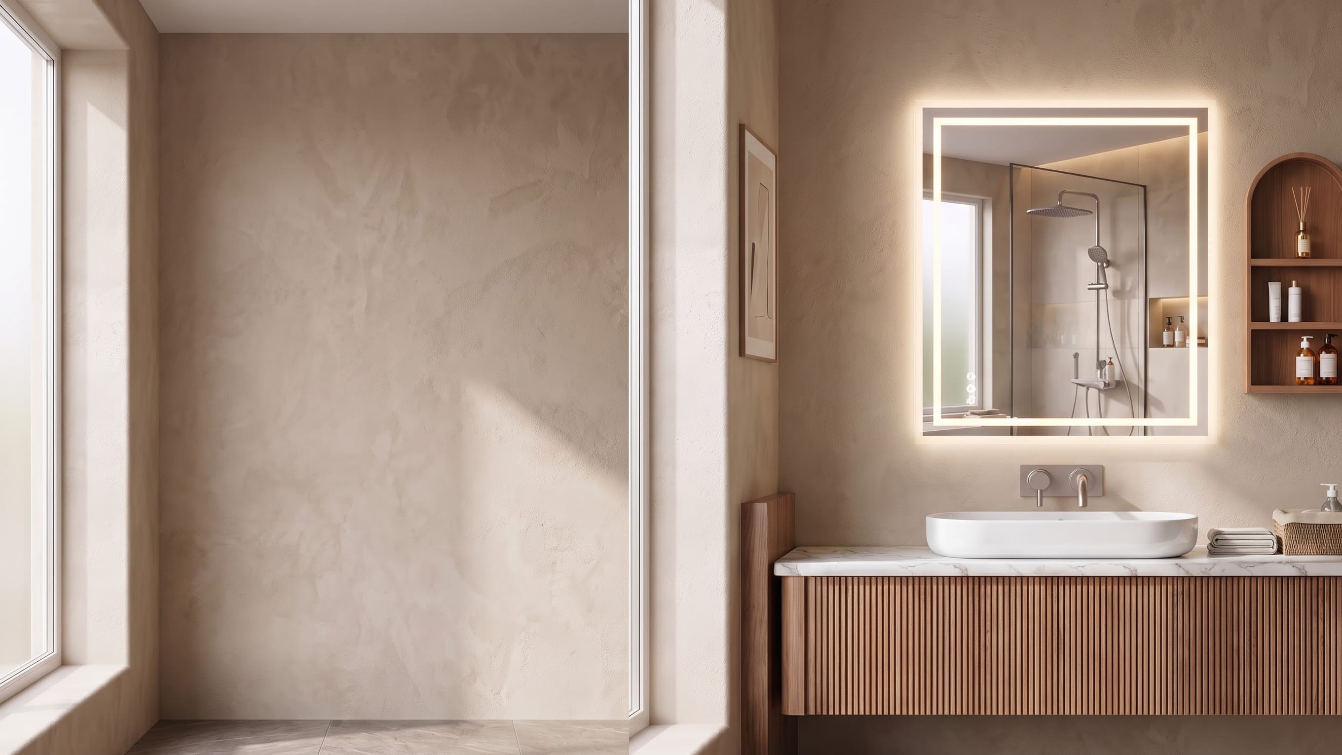 Warm neutral bathroom with a floating ribbed wood vanity, white vessel sink and illuminated square mirror beside an arched wall shelf.