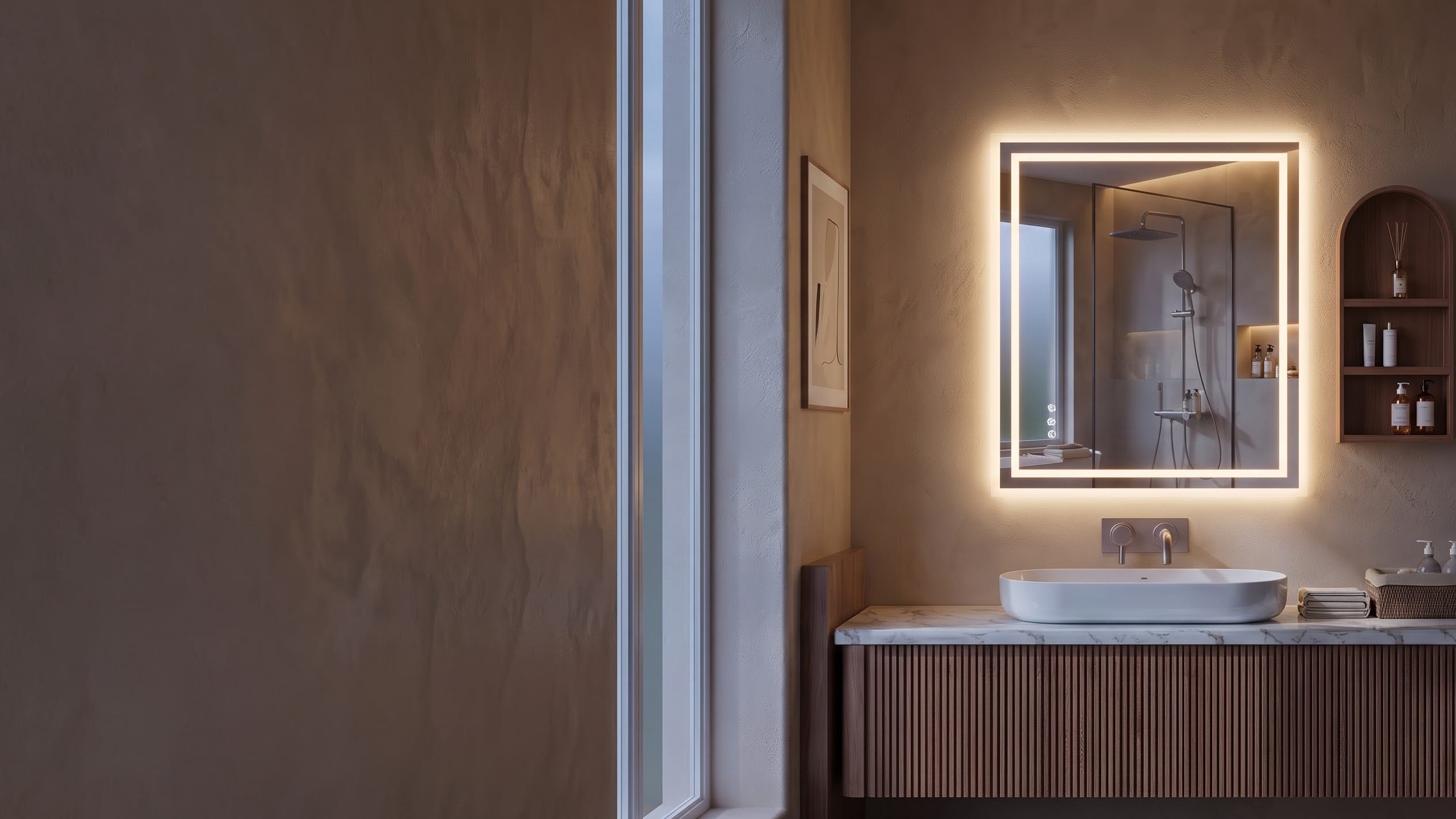 Warm neutral bathroom with a floating ribbed wood vanity, white vessel sink and illuminated square mirror beside an arched wall shelf.