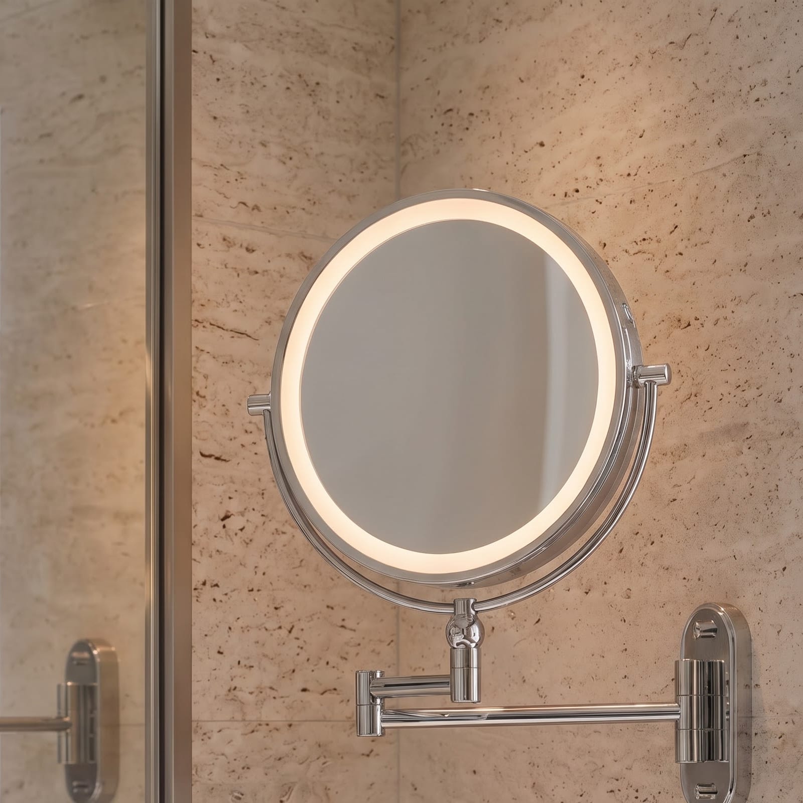 Round illuminated magnifying mirror on a chrome articulated arm beside a bathroom vanity