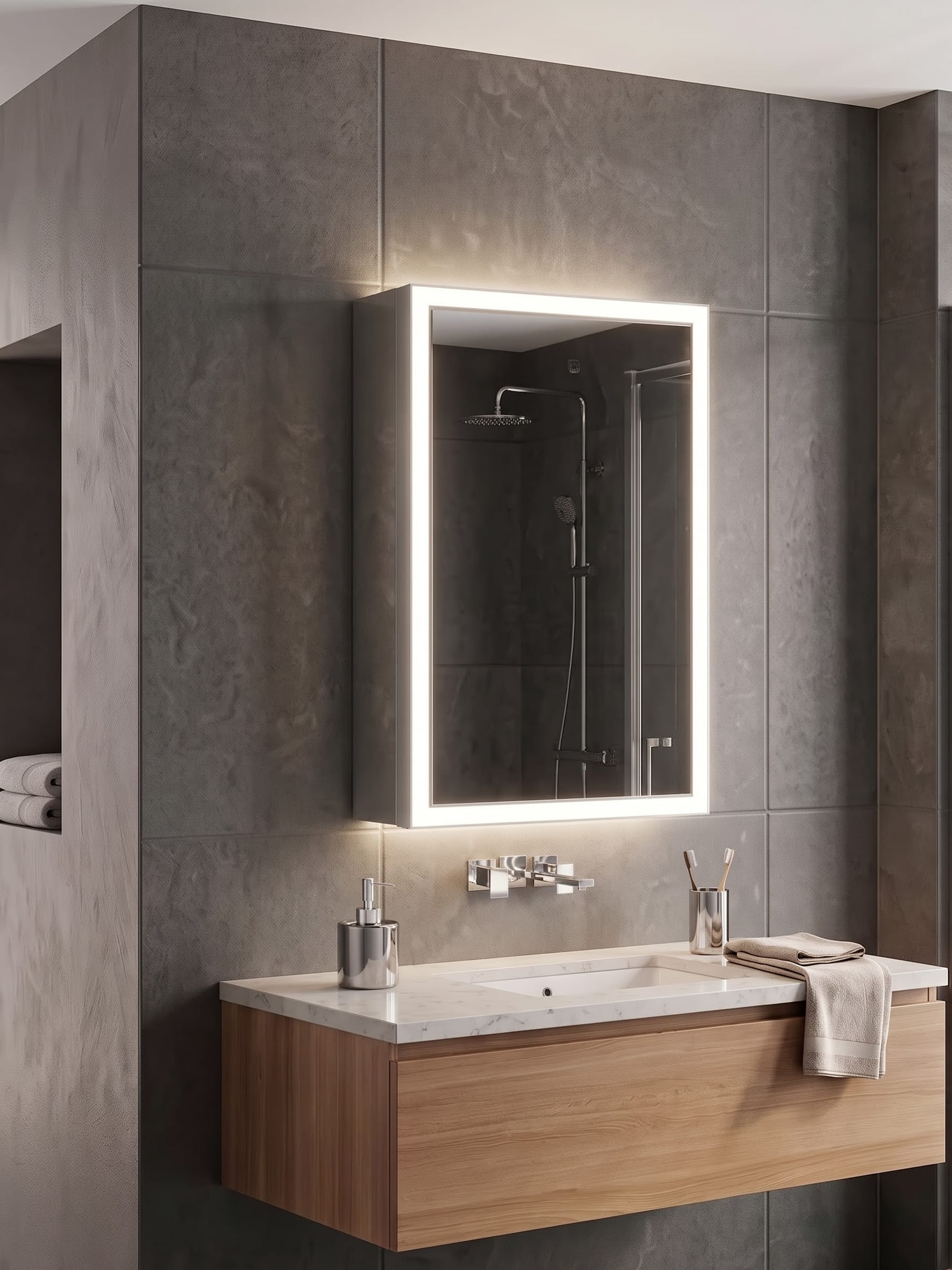 Illuminated medicine cabinet above a floating light wood vanity on dark gray tile