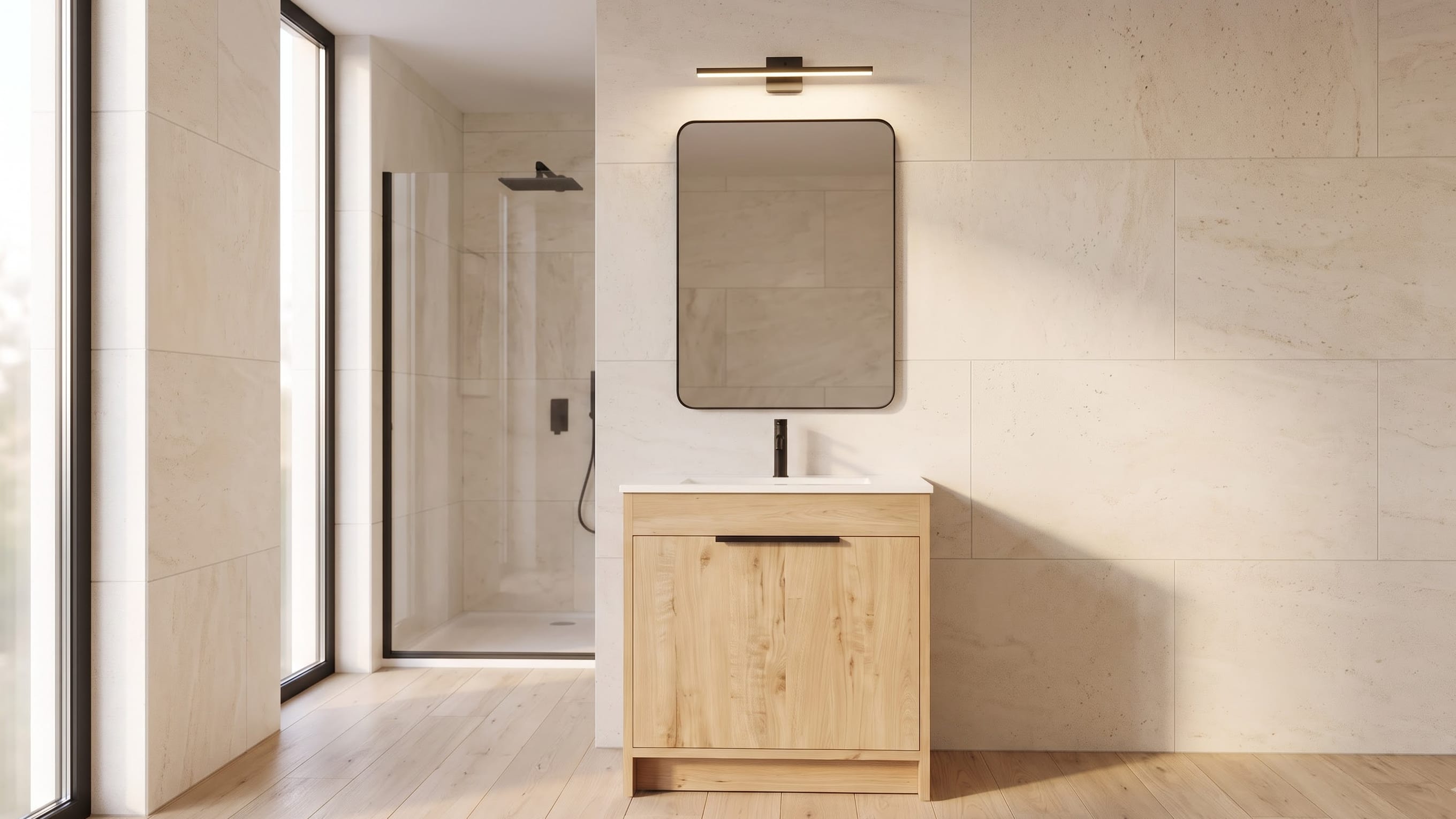 Light wood bathroom vanity with a black framed mirror and a slim horizontal light above it