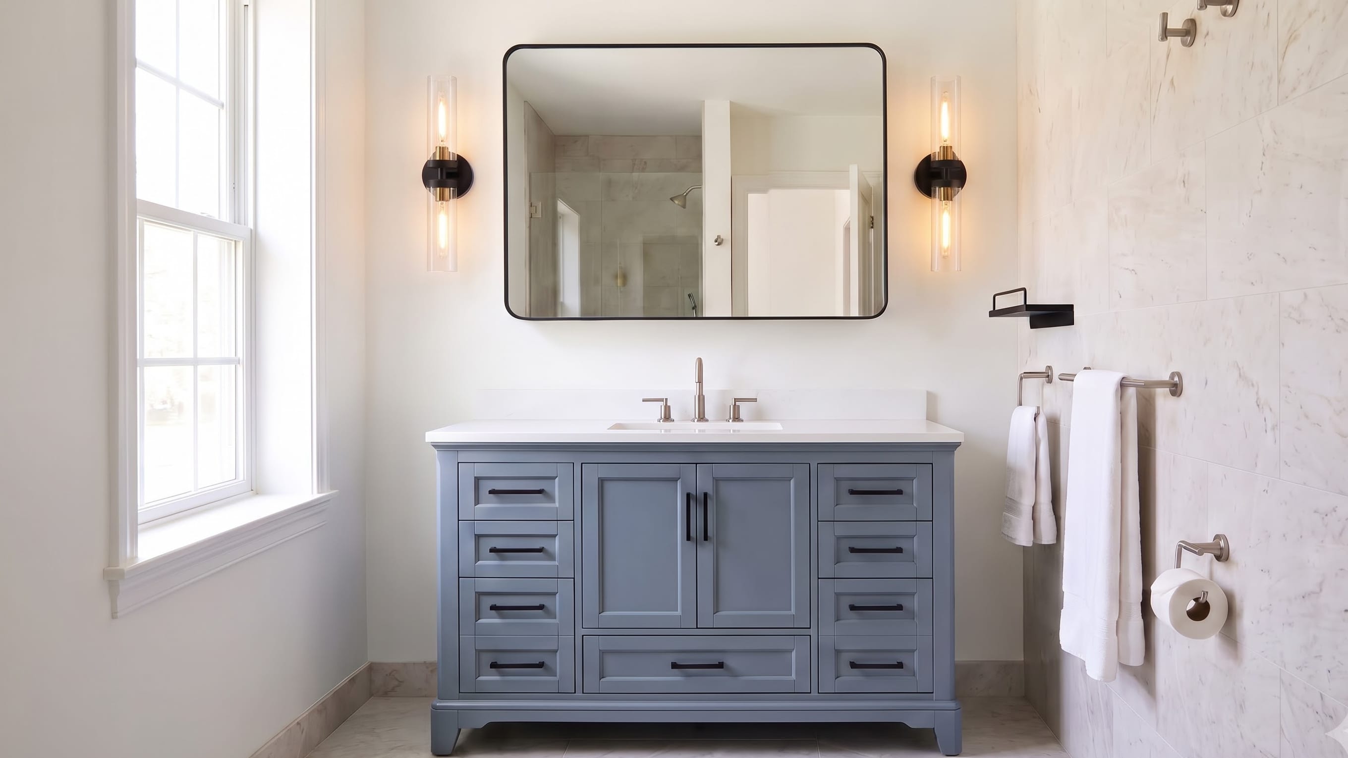 Steel-blue bathroom vanity below a black framed mirror with matching clear-glass wall sconces on both sides.