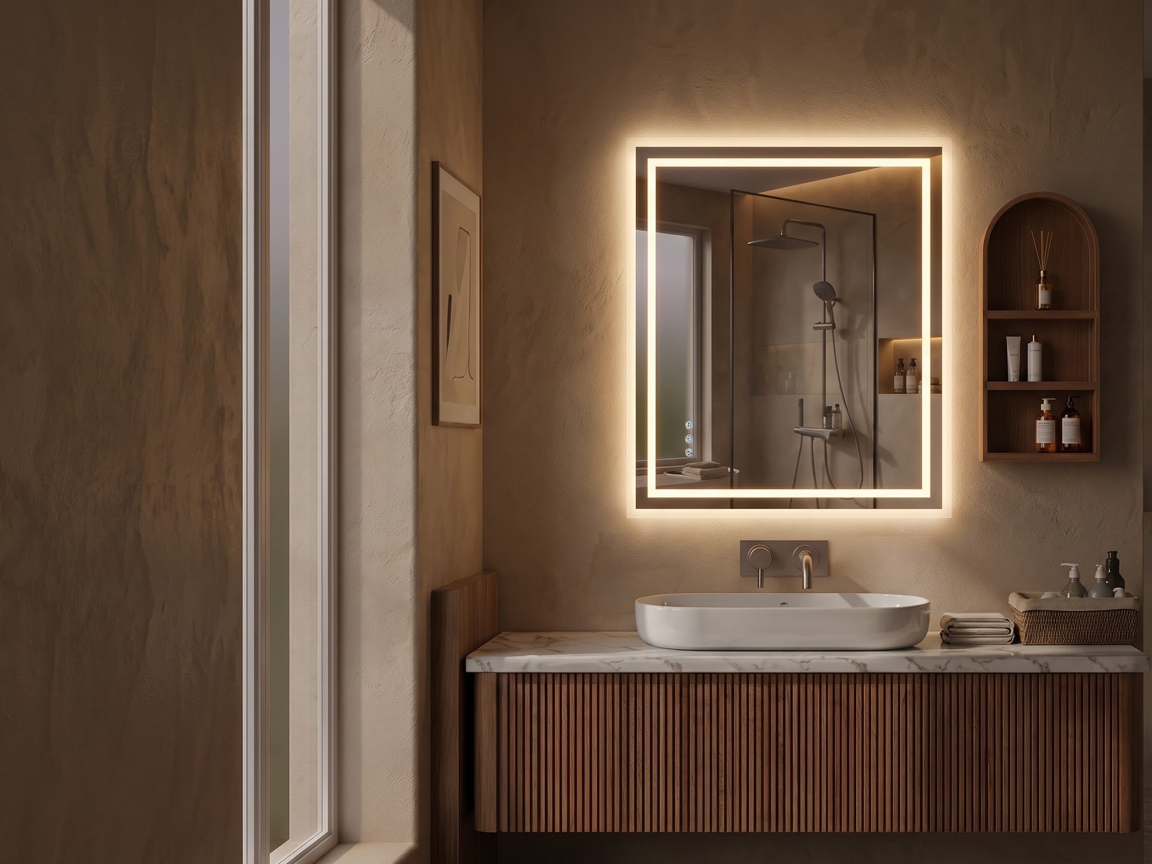 Bathroom vanity with an illuminated mirror, ribbed wood cabinet and white vessel sink.