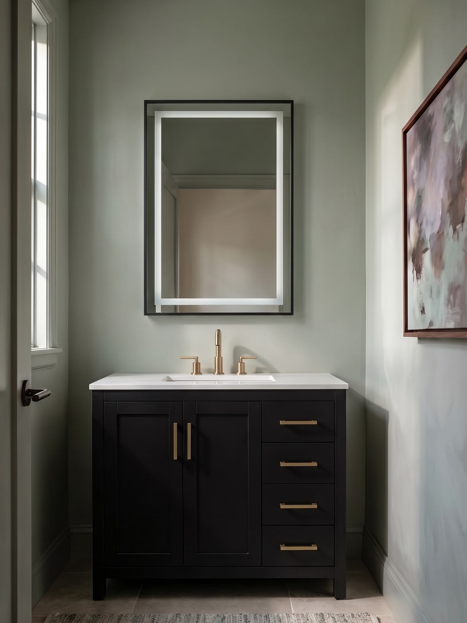 Compact black vanity with two cabinet doors and a stack of drawers below a lighted mirror in a narrow bathroom.