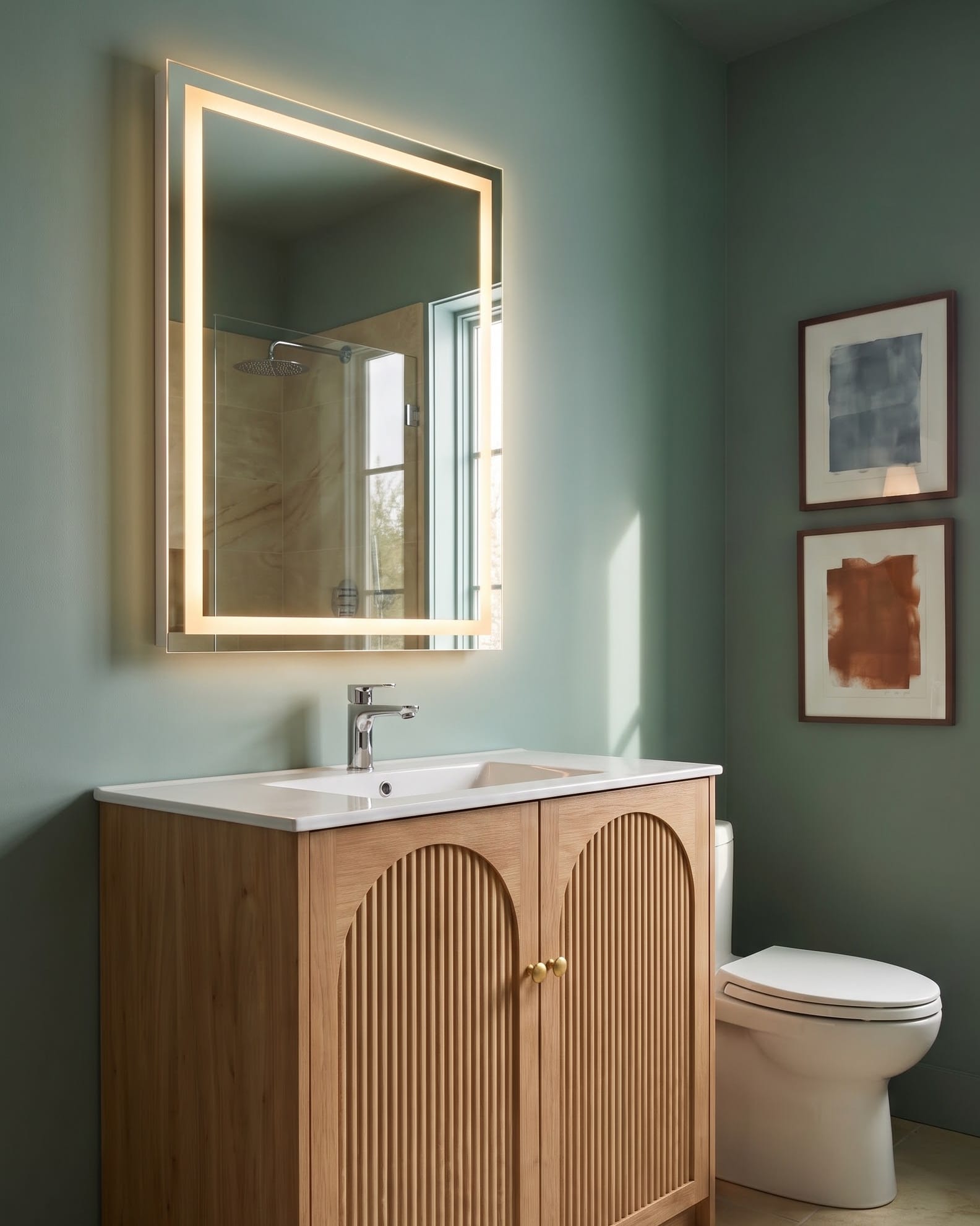 Light-oak-look vanity with two arched fluted doors beside a toilet and below a lighted mirror.