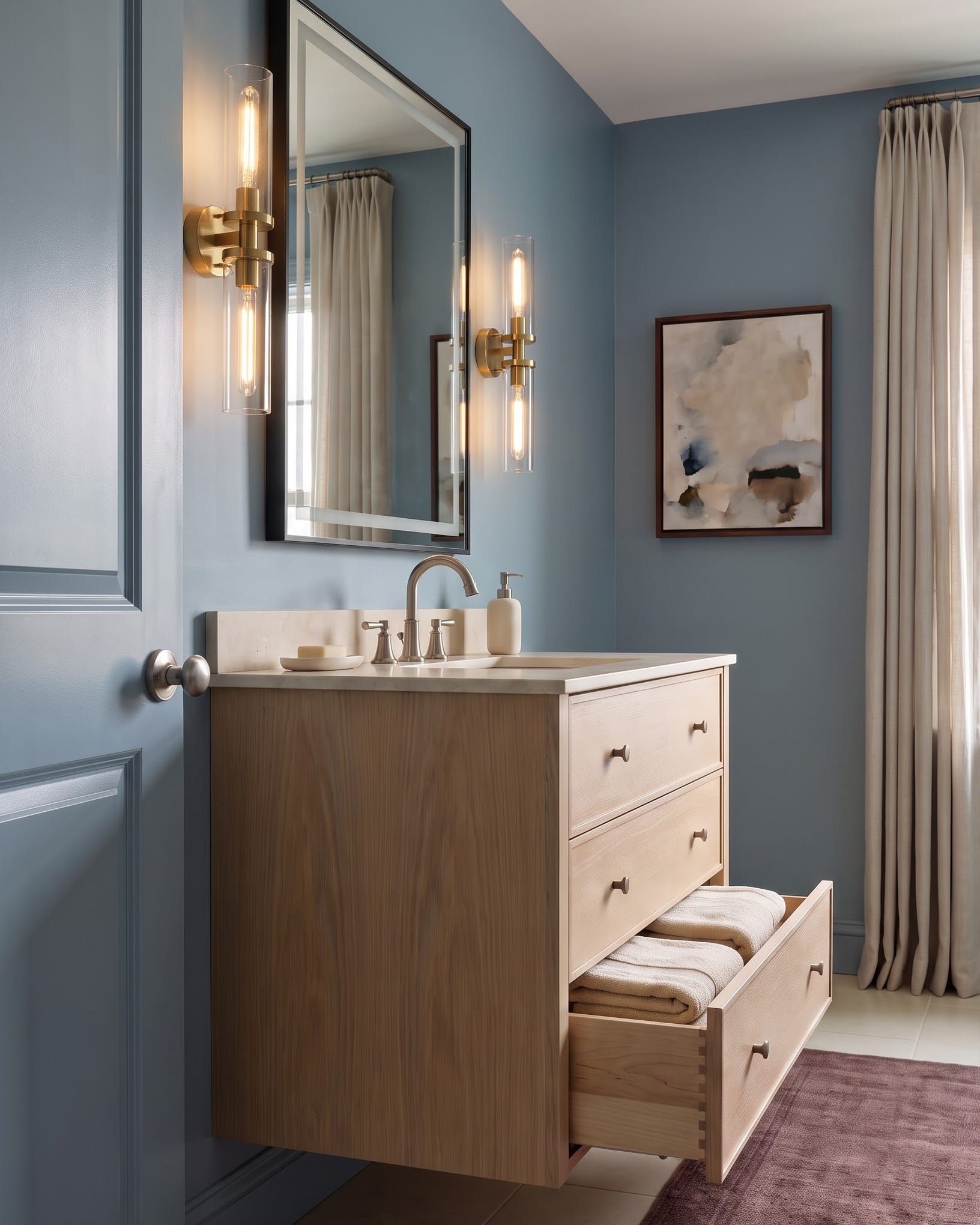 Deep lower drawer pulled open with folded towels in a light-wood bathroom vanity against blue walls.