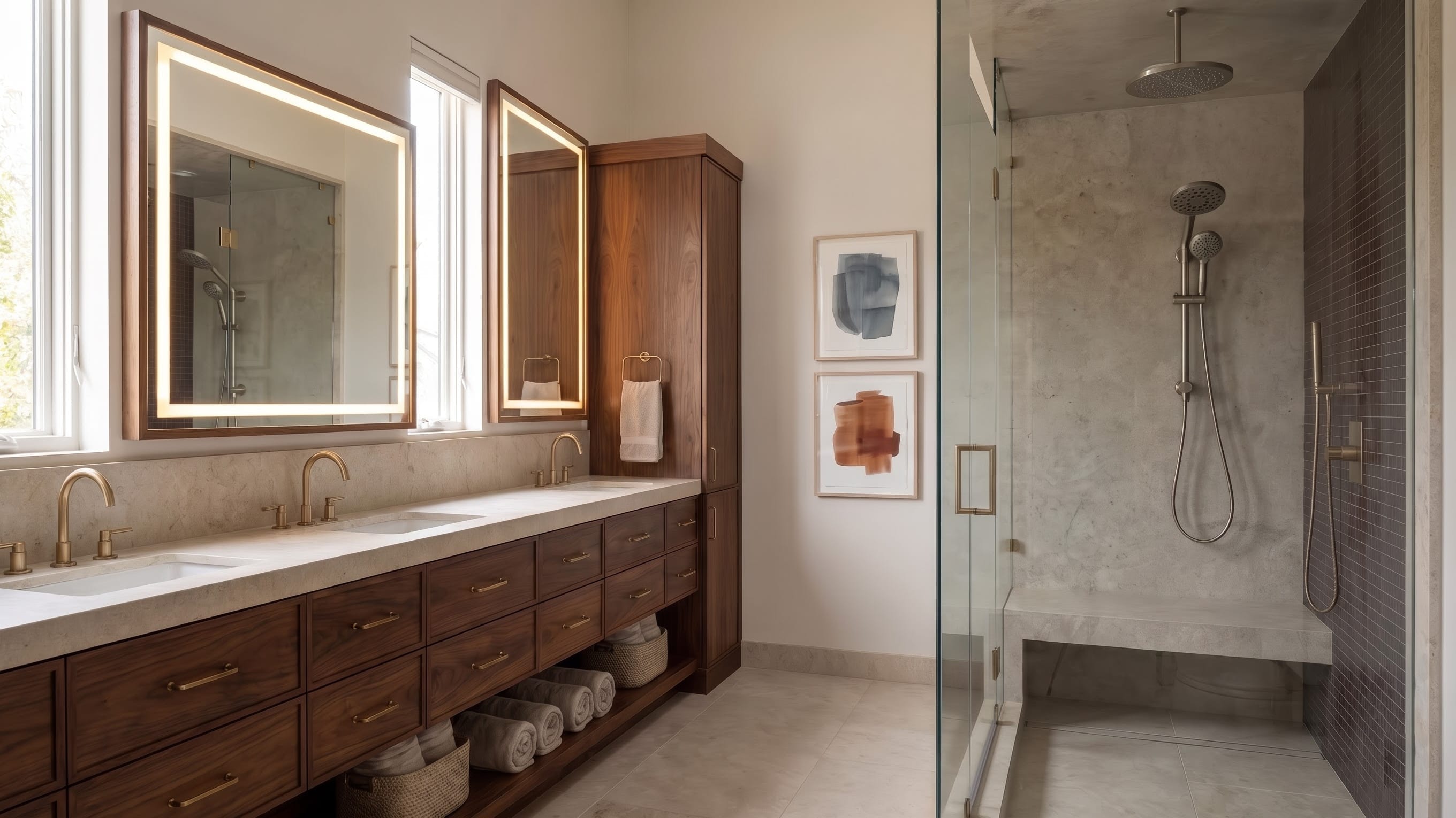 Long double-sink wood-look vanity with drawers and an open towel shelf beneath two lit mirrors; a tall cabinet stands at the right beside a glass shower.