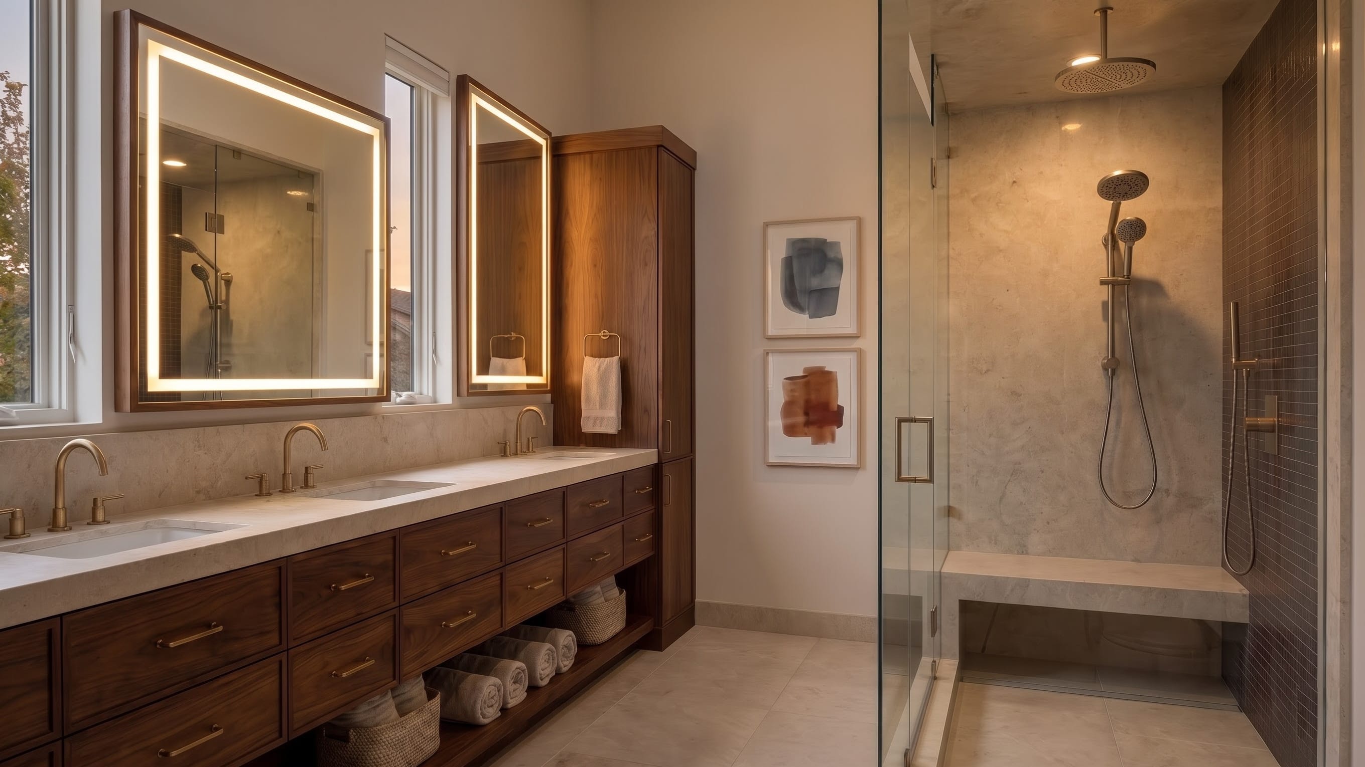 Long double-sink wood-look vanity with drawers and an open towel shelf beneath two lit mirrors; a tall cabinet stands at the right beside a glass shower.