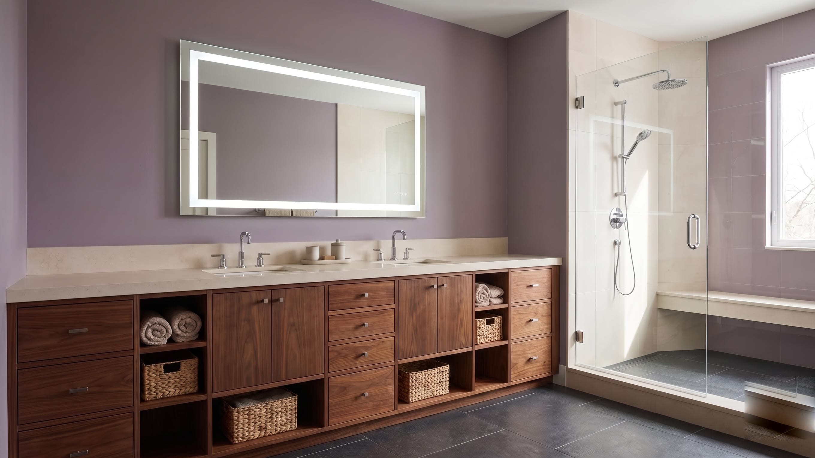 Long double-sink wood vanity with drawer stacks, closed doors and open towel cubbies against mauve walls.