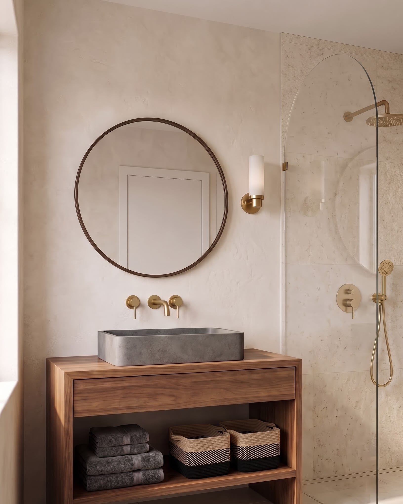 Wood-look vanity with an open lower shelf of gray towels and baskets, a round mirror and a shower at right.