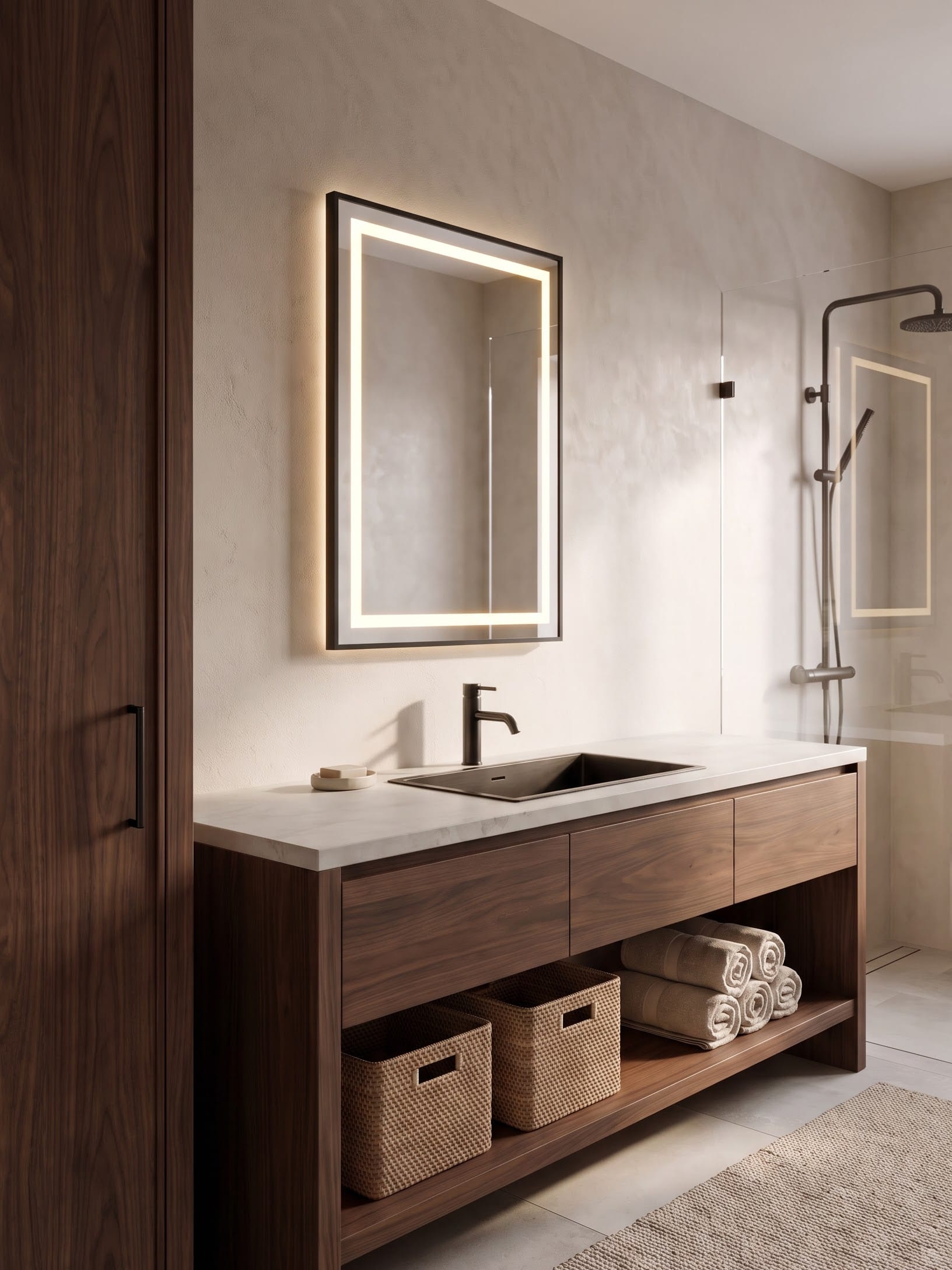 Dark-wood-look vanity with drawers over an open shelf holding baskets and folded towels, beside a glass shower.