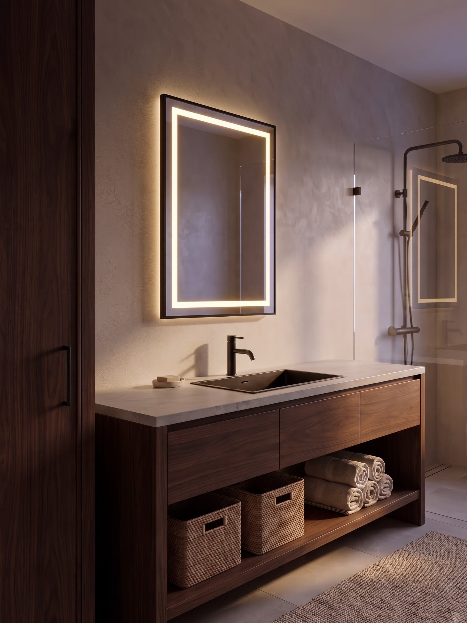 Dark-wood-look vanity with drawers over an open shelf holding baskets and folded towels, beside a glass shower.