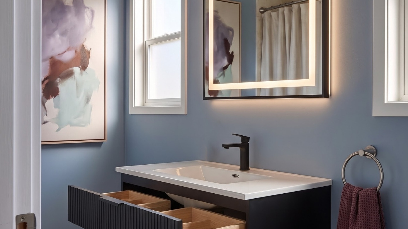 Wall-mounted black fluted two-drawer vanity with open organizer drawer and lighted LED mirror
