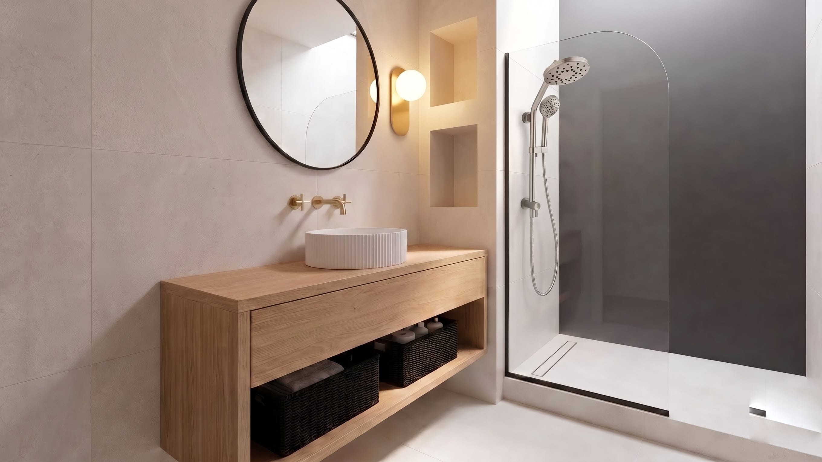Light-wood vanity with two dark baskets on its open lower shelf beside a glass shower in a small bathroom.