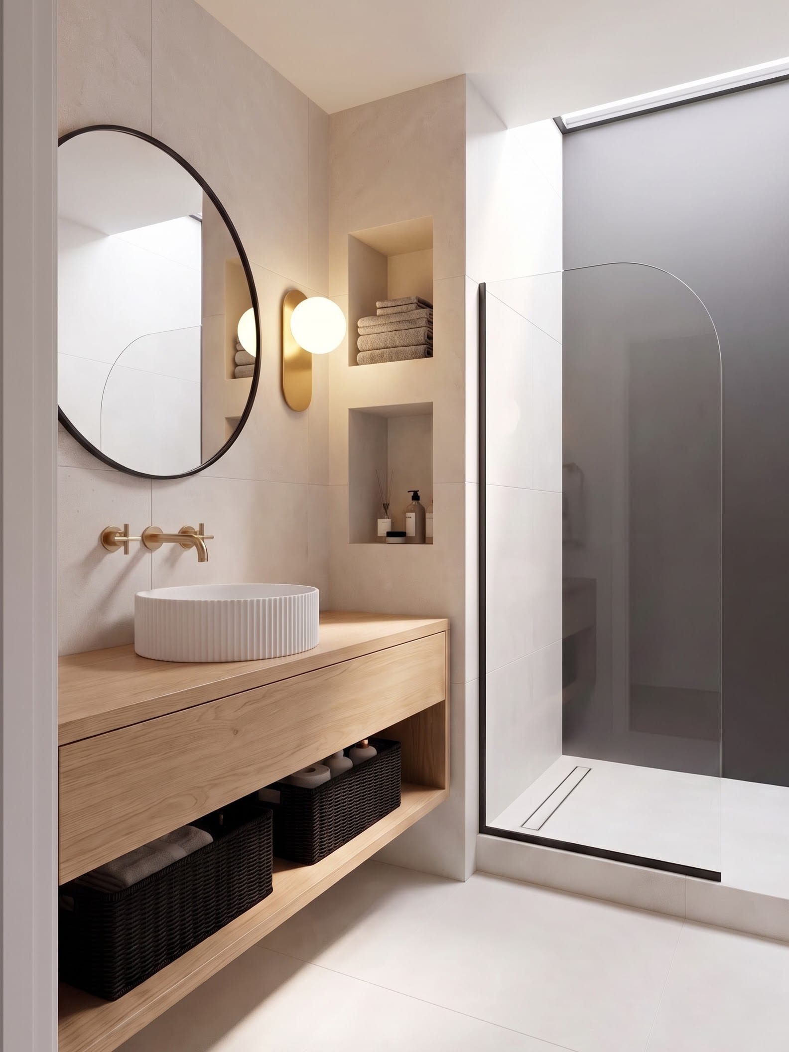 Compact bathroom with a light-wood open-shelf vanity, recessed wall niches and an adjacent glass shower.
