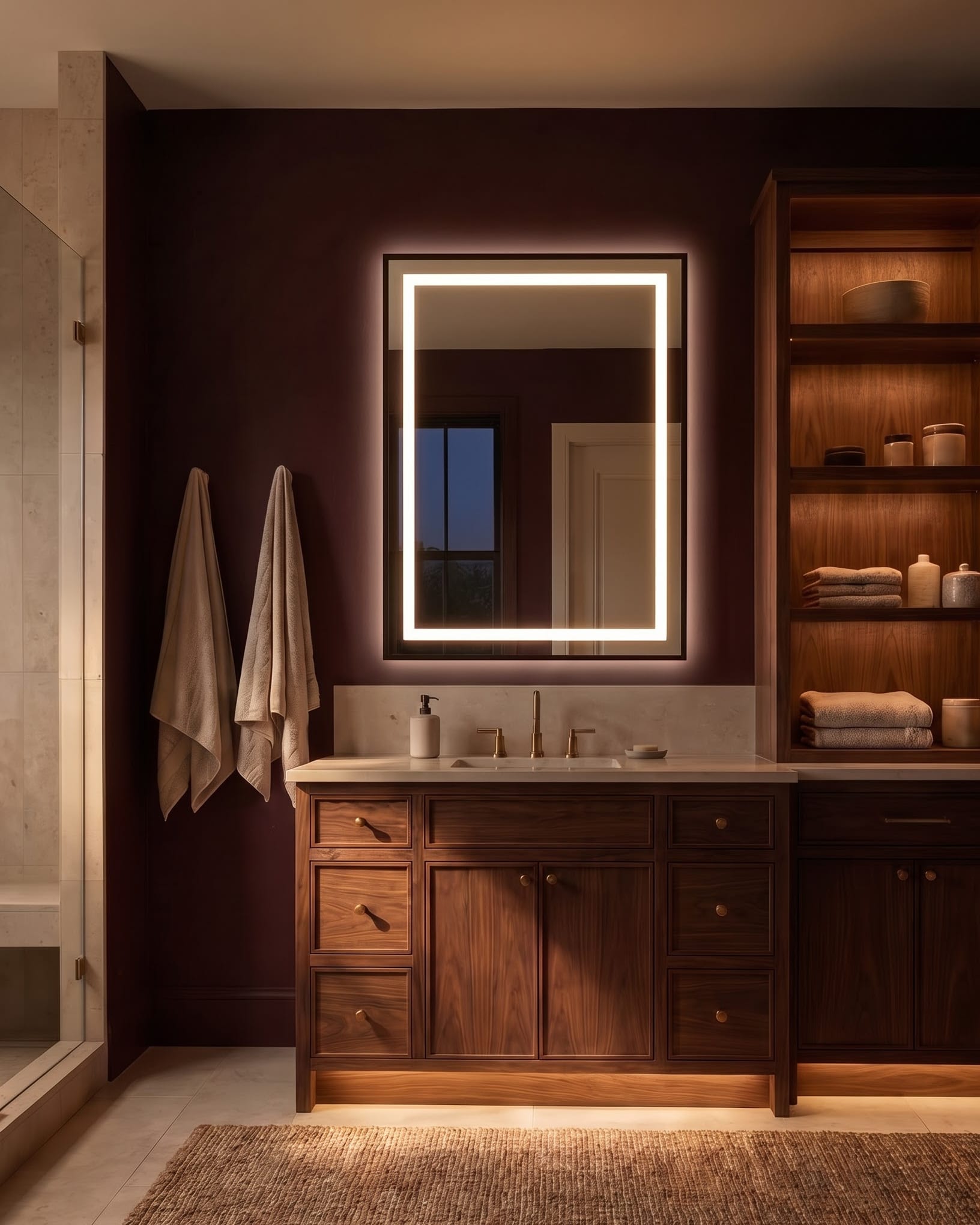 Bathroom vanity against burgundy walls with a lit open shelving tower above closed lower cabinets.
