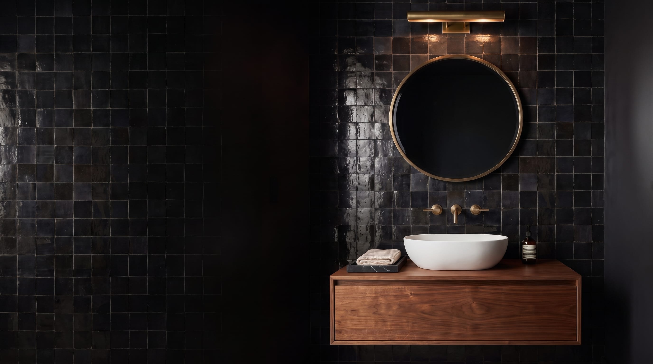 A moody bathroom with glossy black Zellige-style tile walls, a floating walnut vanity, white oval vessel basin, brushed brass round mirror, brass picture light and wall-mounted faucet under warm layered lighting