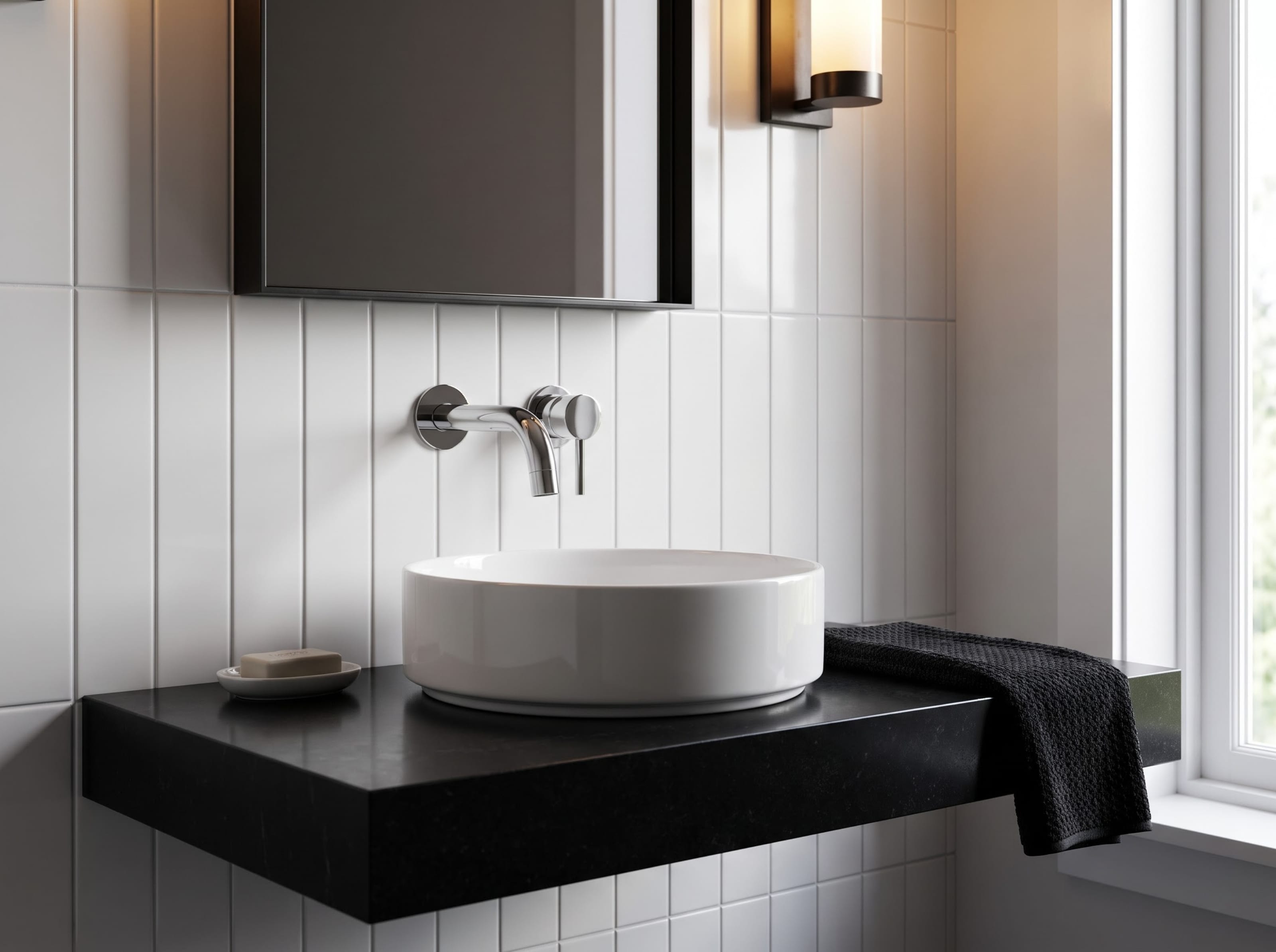 Chrome wall-mounted faucet positioned above a round white vessel sink on a thin black floating counter