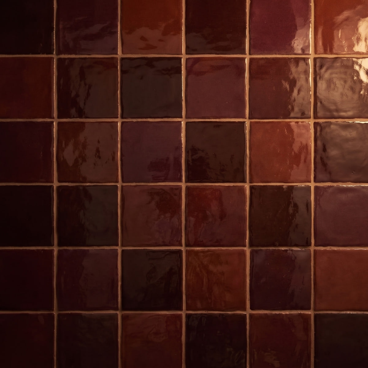 Inline close-up of glossy maroon zellige-look ceramic tile reflecting ambient light.