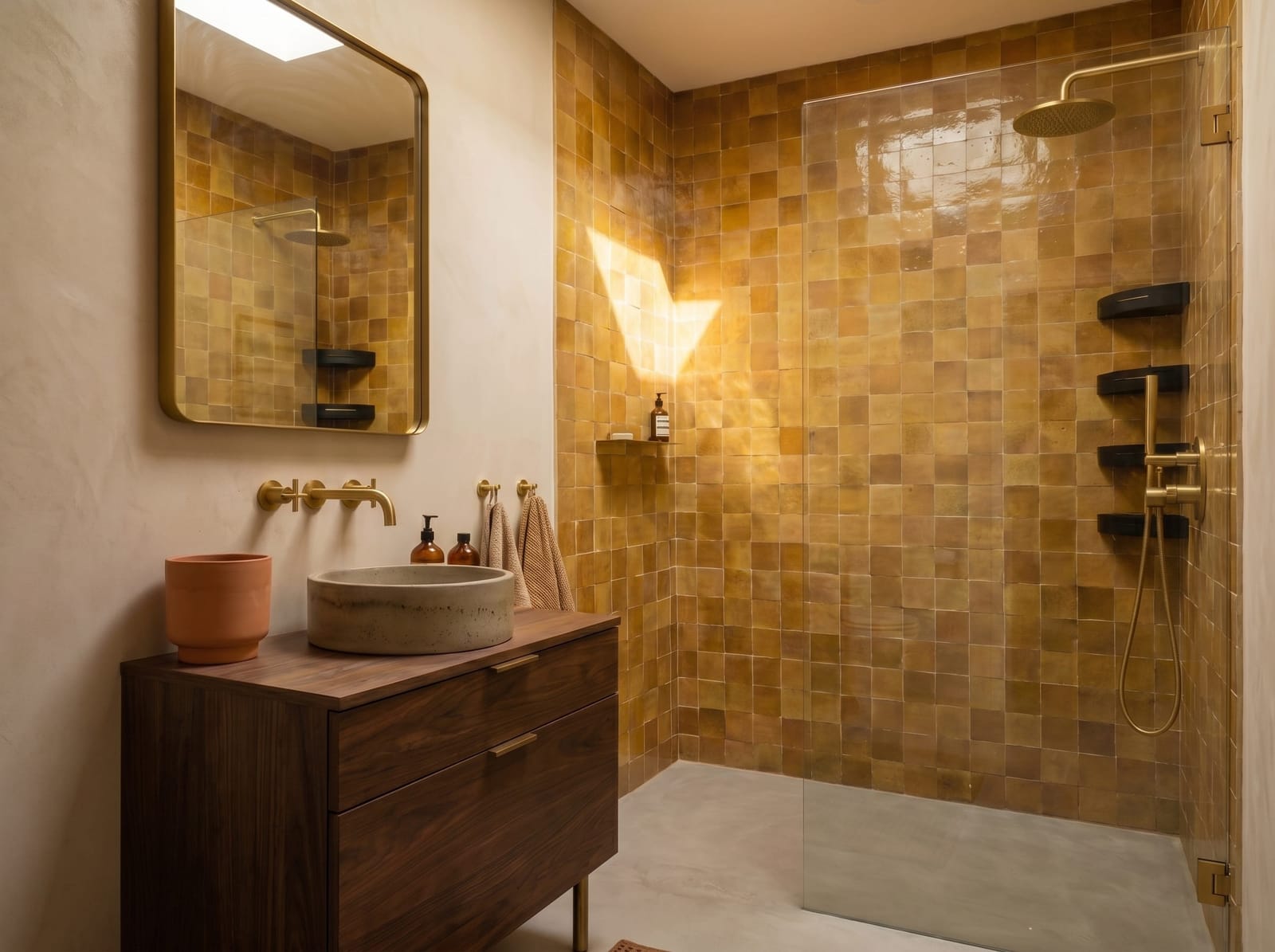 Horizontal view of the bathroom vanity wall covered in glossy ochre golden zellige tiles with a floating walnut cabinet.