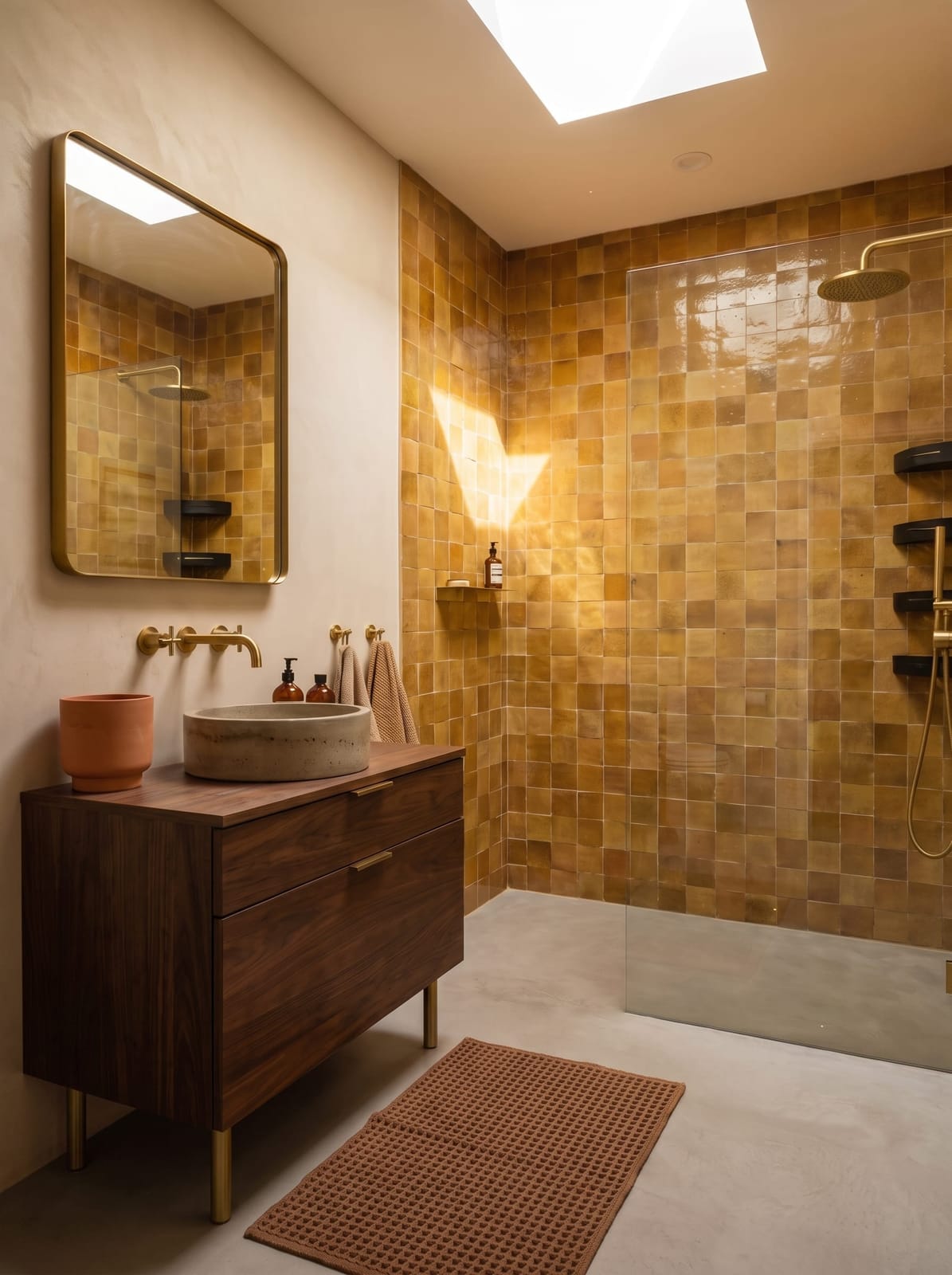 Warm organic bathroom featuring a full wall of glossy ochre golden zellige tiles, a floating walnut vanity cabinet, a matte taupe concrete round vessel sink, brushed gold wall-mounted cross-handle faucet, a thin brass-framed mirror with rounded corners, and a terracotta waffle-weave bath mat on concrete floors.
