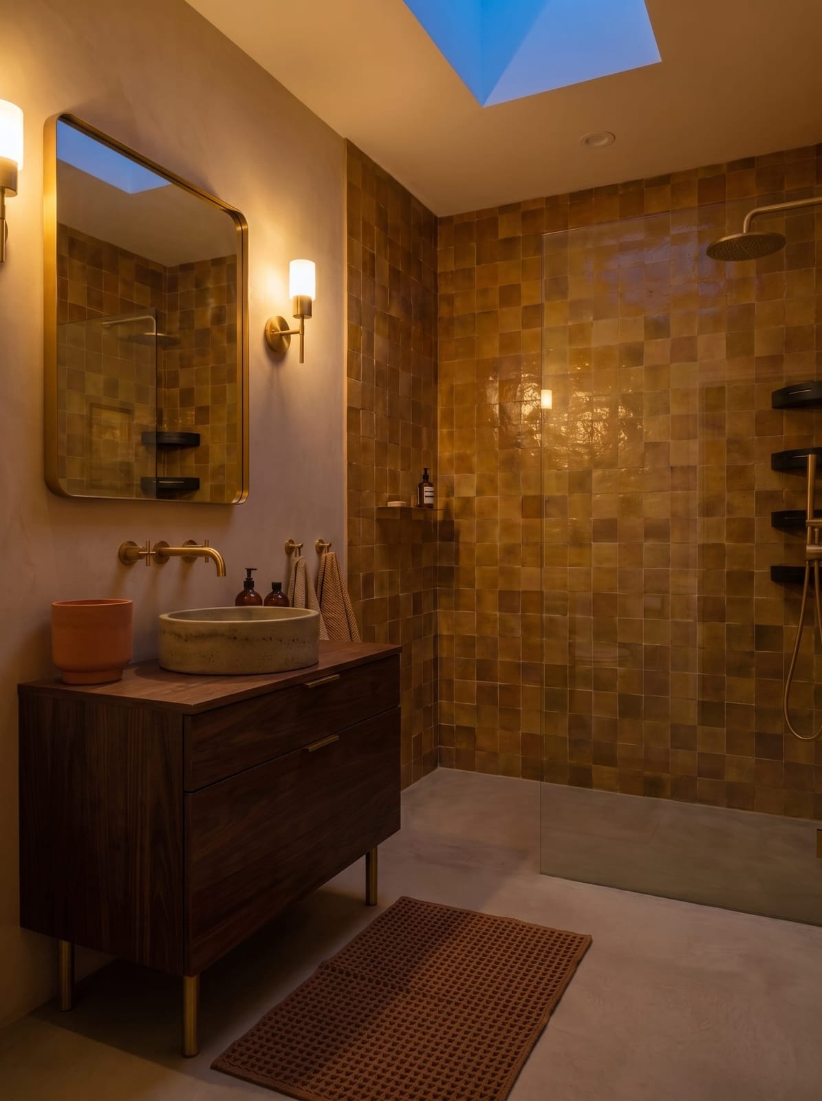 Ochre-yellow zellige tiled bathroom wall with a floating walnut vanity and concrete vessel sink, shown in bright midday skylight and warm amber evening sconce light.