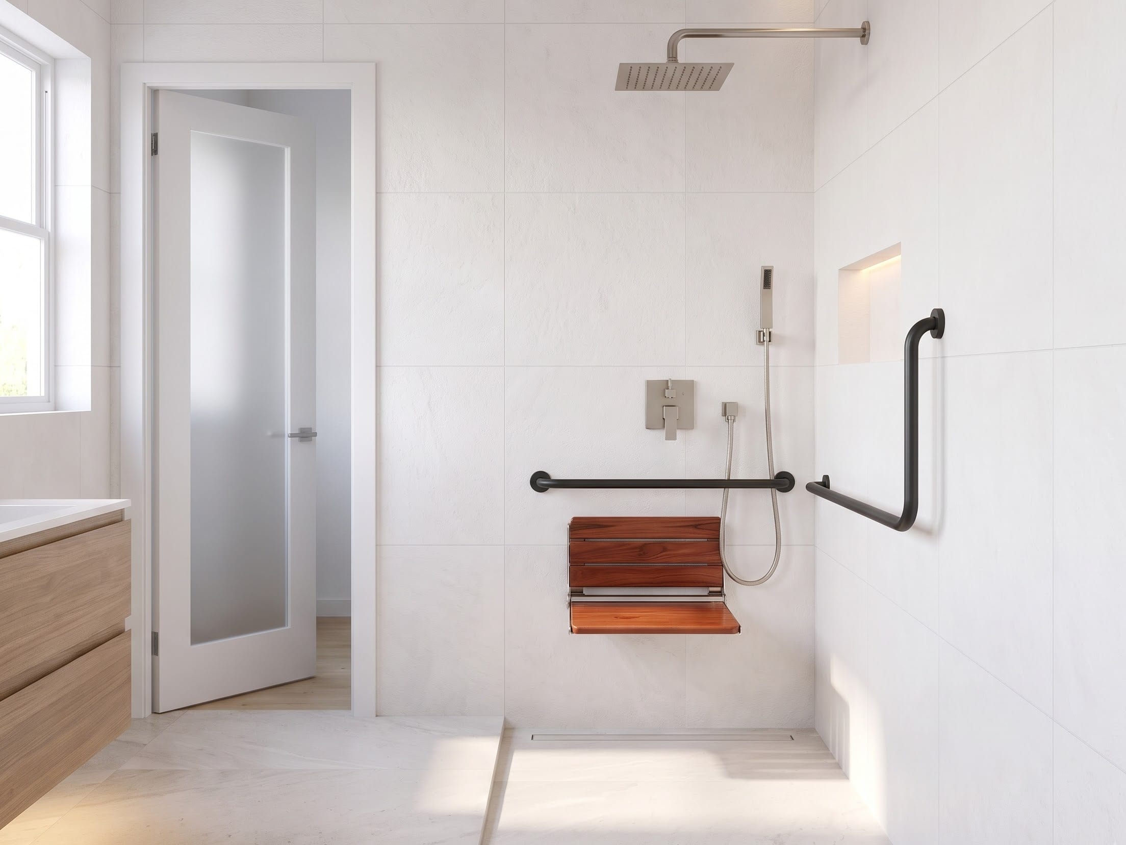 Curbless walk-in shower with folding teak seat and matte-black grab bar