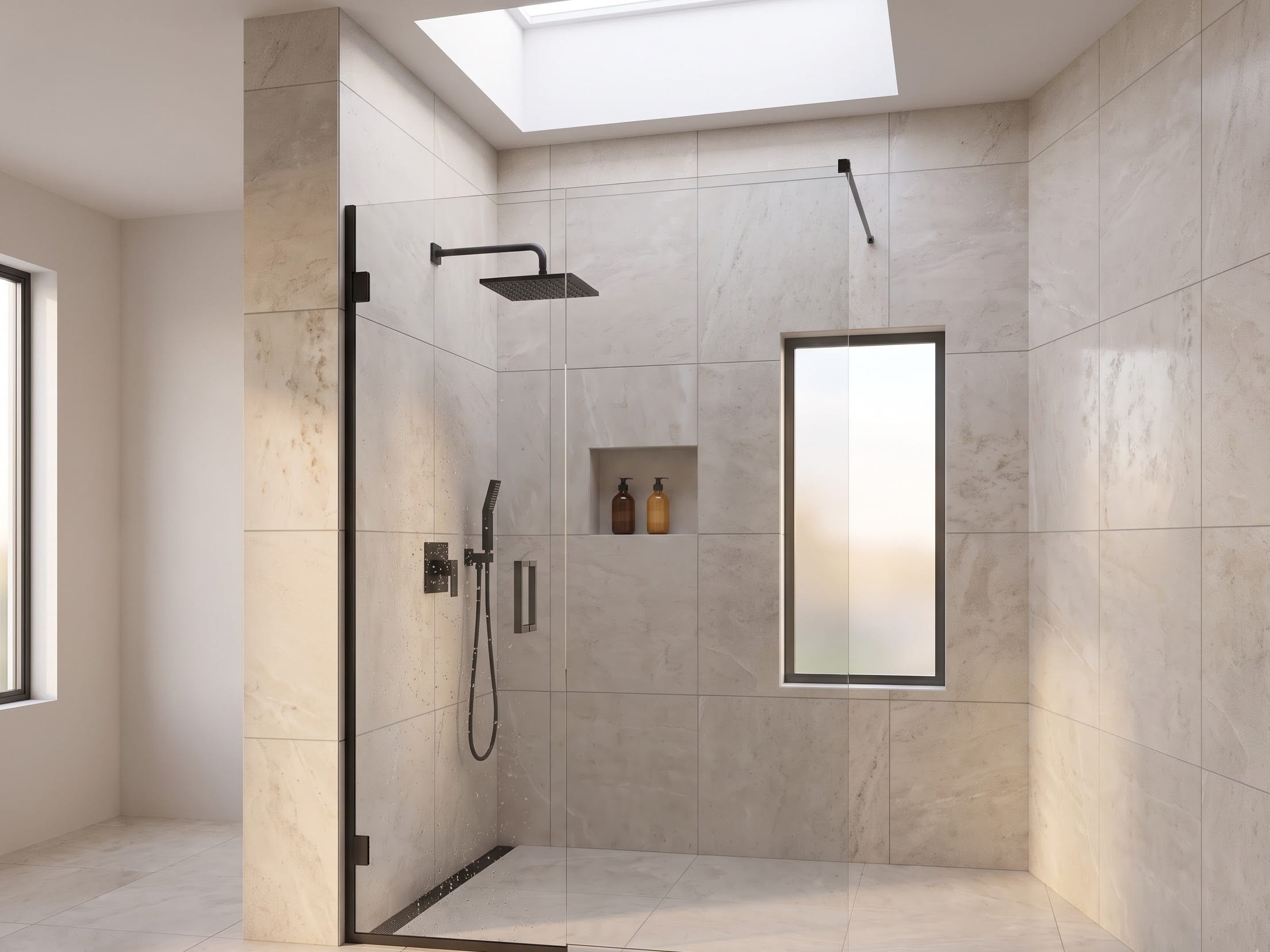 Frameless fixed glass panel dividing a shower spray zone from the bathroom