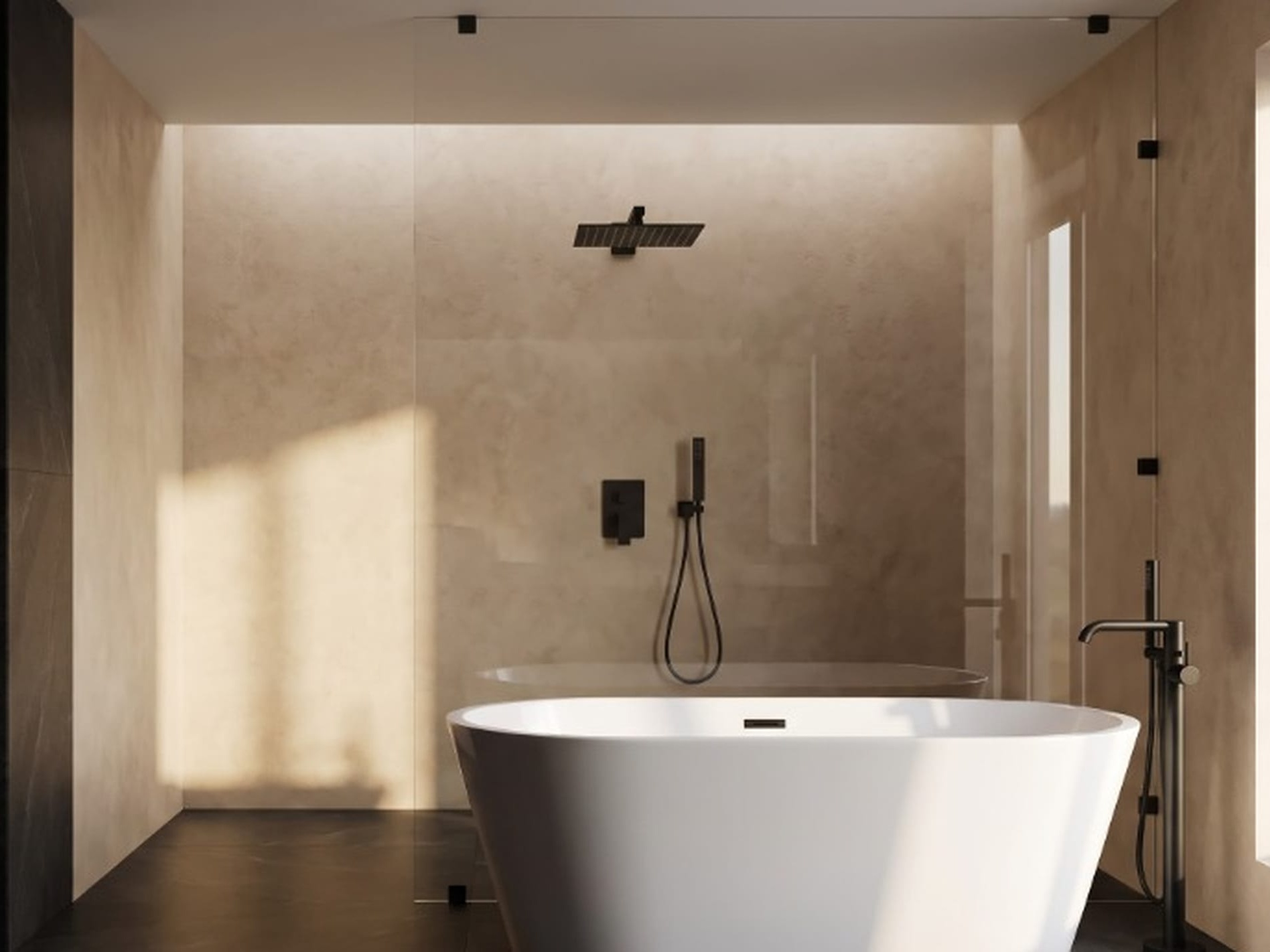Freestanding white bathtub beside a glass walk-in shower with matte-black fixtures in balanced 4:3 perspective.