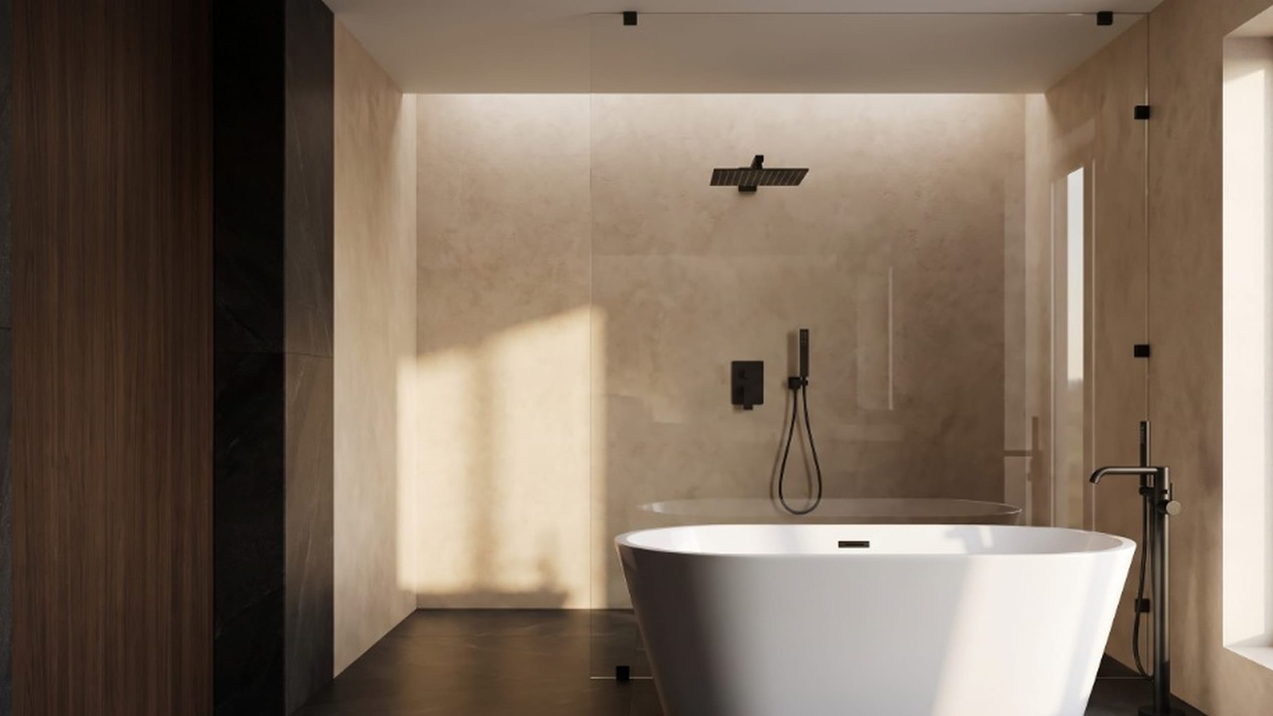 Freestanding white bathtub beside a glass walk-in shower with matte-black fixtures in a warm neutral bathroom.