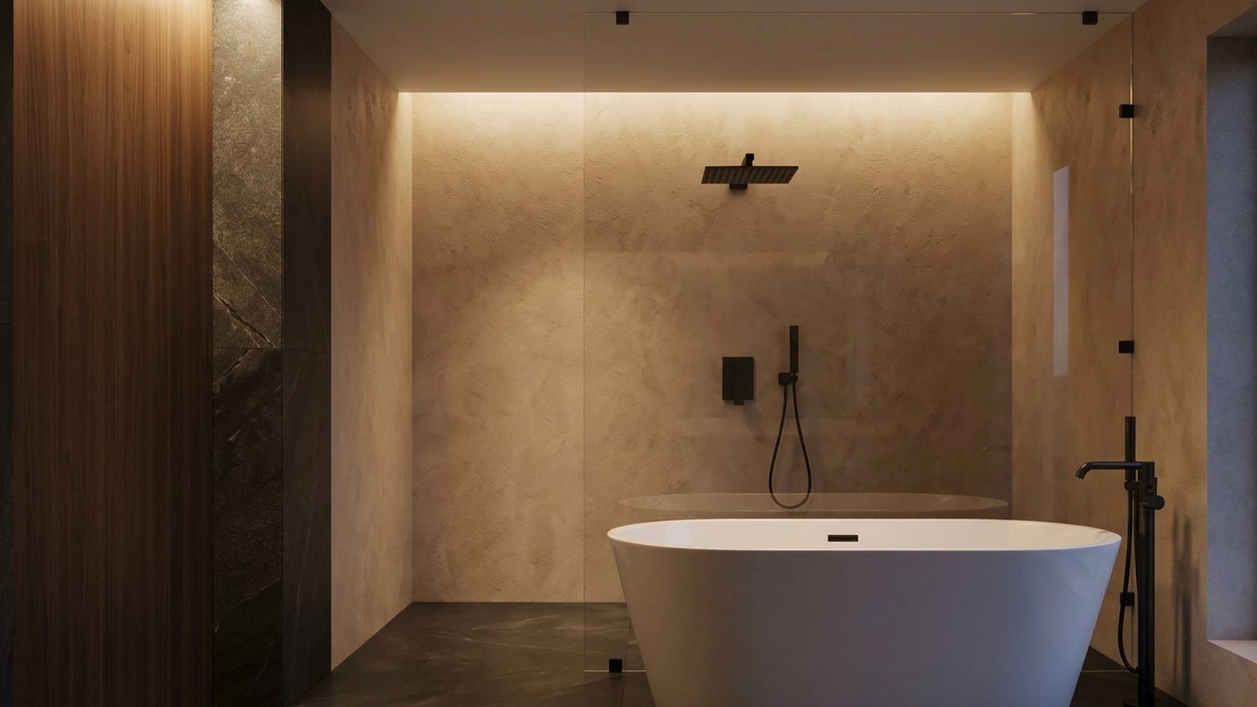 Freestanding white bathtub beside a glass walk-in shower with matte-black fixtures in a warm neutral bathroom.