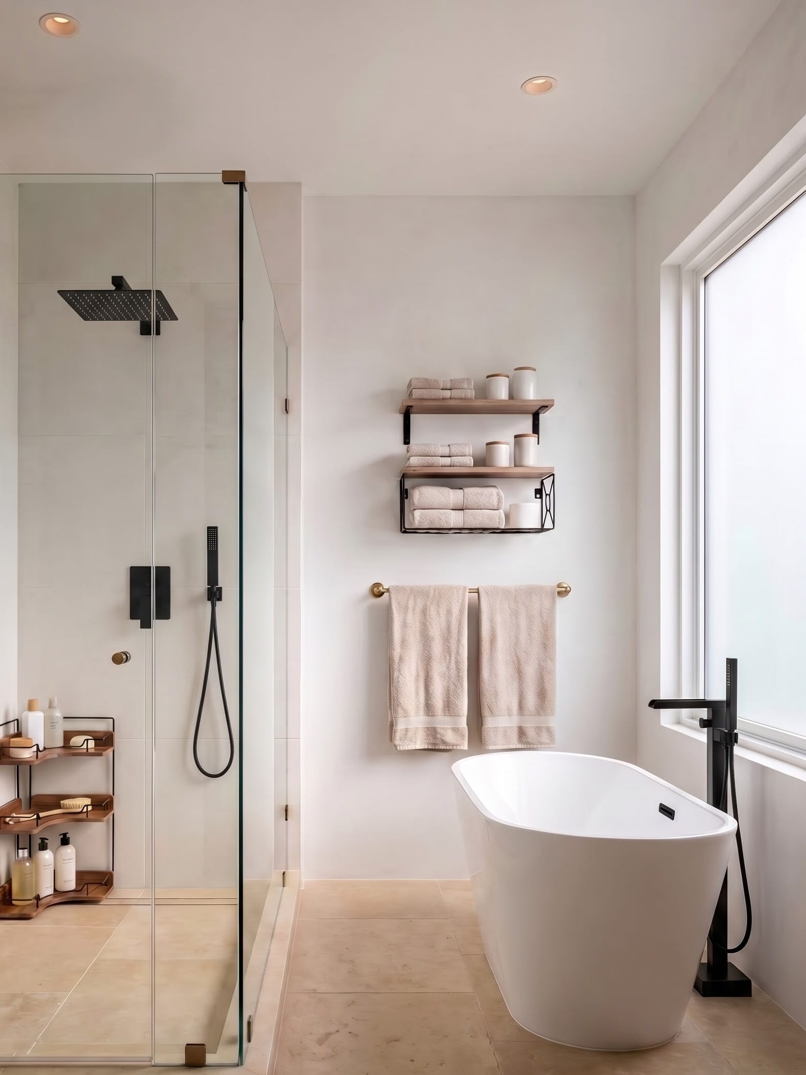 Freestanding bathtub and glass shower sharing a bright bathroom, with a black floor-mounted tub filler and black shower system.
