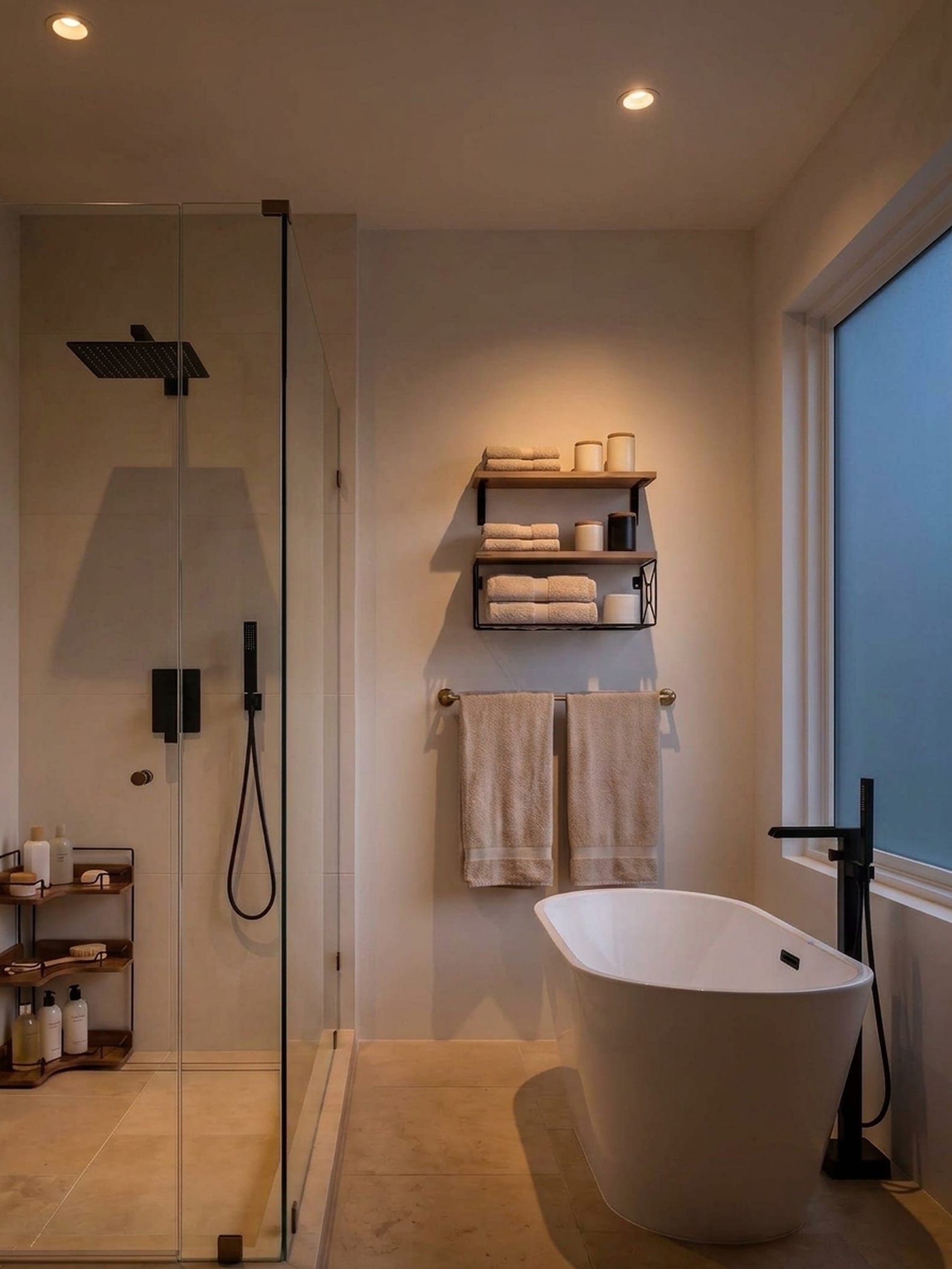 Freestanding bathtub and glass shower sharing a bright bathroom, with a black floor-mounted tub filler and black shower system.