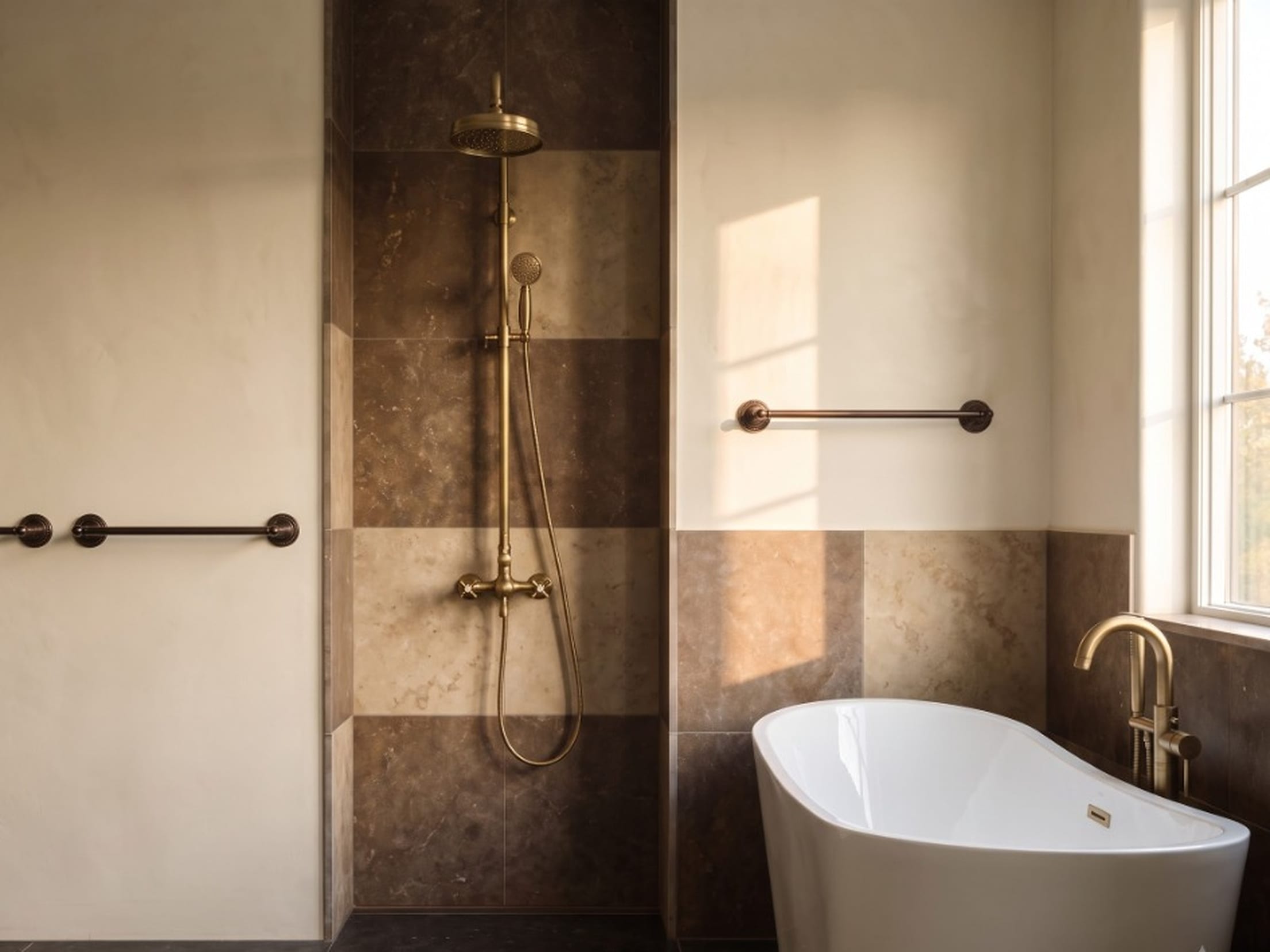 Warm bathroom with a freestanding bathtub and generous surrounding clearance