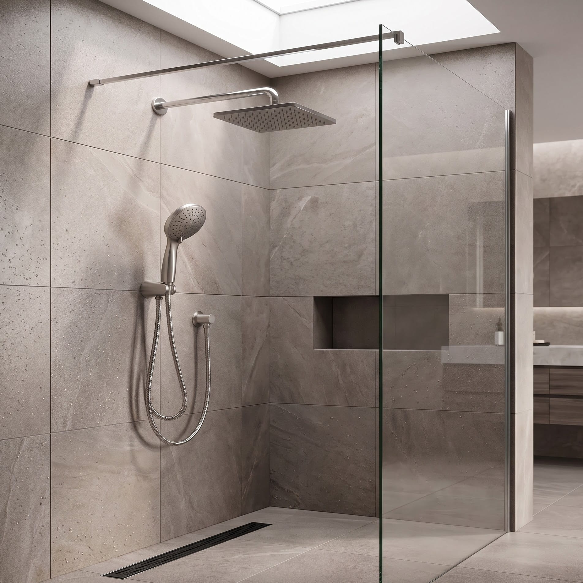 Installed linear shower drain set flush with large-format floor tiles