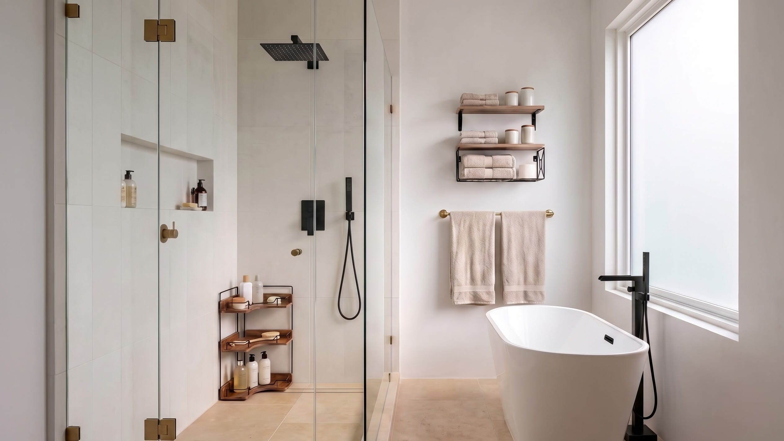 White freestanding tub beside a glass shower with matte-black rain shower, handheld and floor-mounted tub filler.