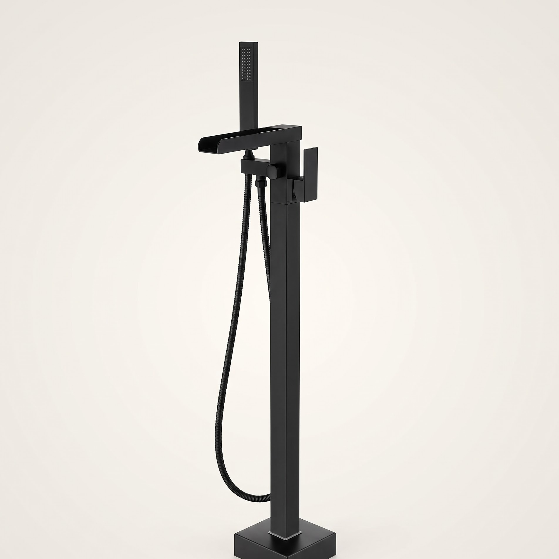 Wowkk Matte Black Floor-Mount Tub Filler with Hand Shower