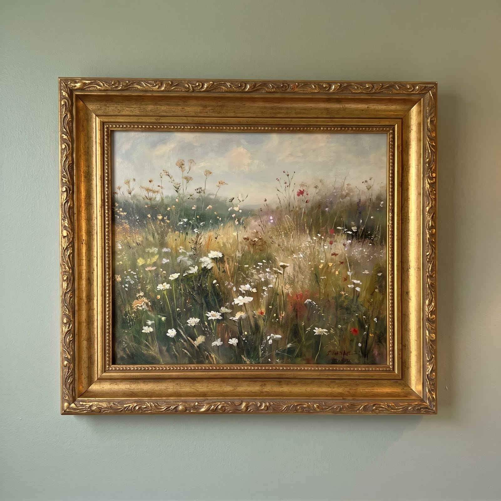 Framed Country Meadow Landscape Painting in Ornate Gold Frame