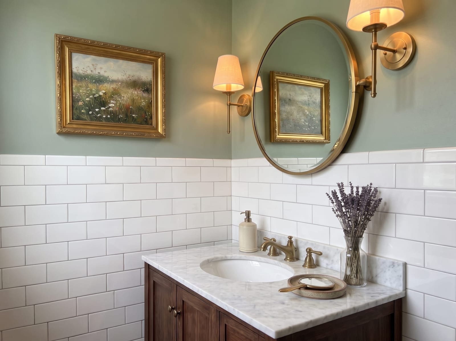 Close-up of the sage green bathroom featuring the walnut vanity, Kingston Brass Heritage antique faucet, Kohler round brushed gold mirror, and Ophelia fabric-shaded wallchiere sconce.