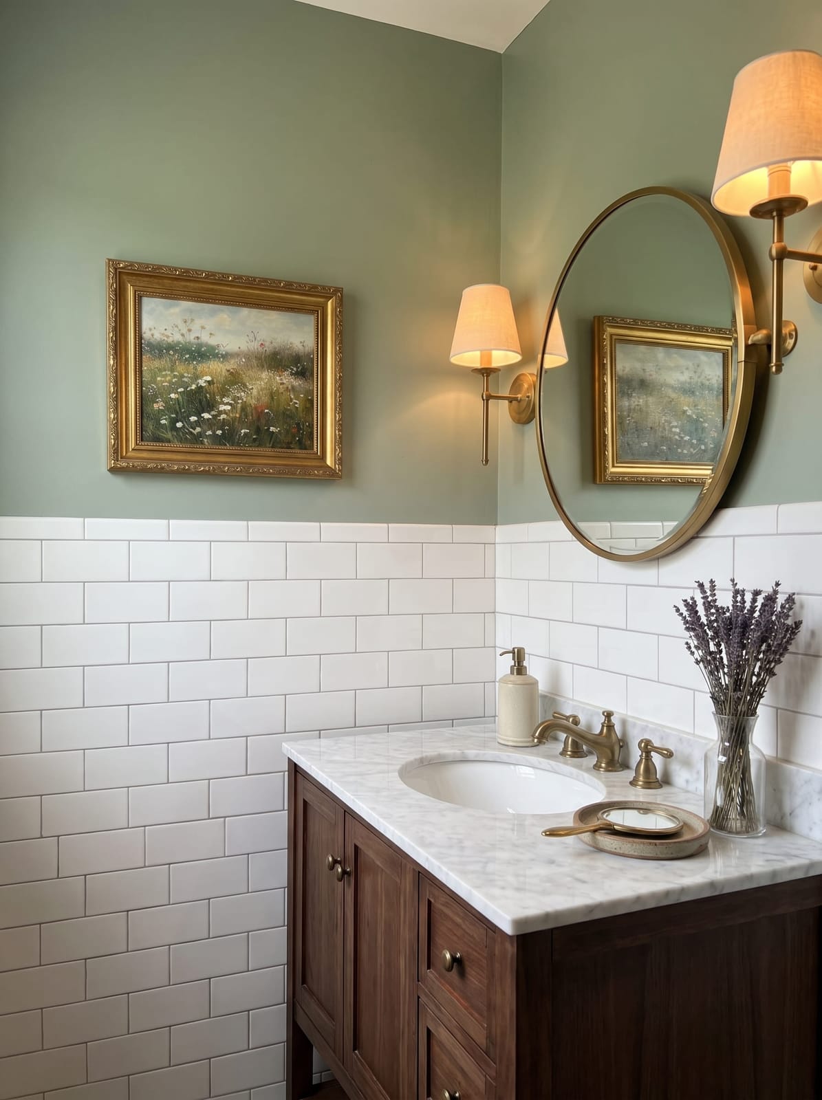 Sage green bathroom with white subway tile wainscoting, a 36-inch walnut shaker vanity topped with Carrara marble, an antique brass widespread faucet, a round brushed gold mirror flanked by cream fabric-shaded brass sconces, and an ornate gold-framed meadow landscape painting.