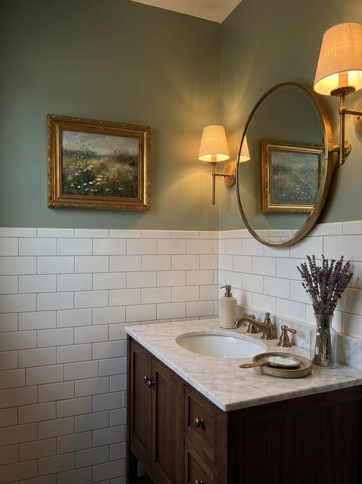 Custom walnut vanity bathroom with sage green walls, showing a bright sunlit day look and a warm, low-lit evening look.