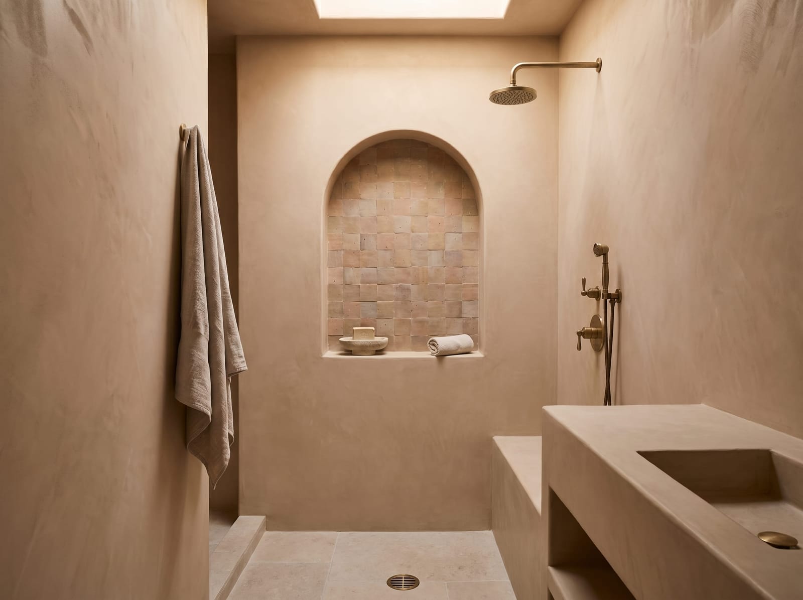 A horizontal 4:3 view of the skylit terracotta zellige shower alcove highlighting the brushed gold hardware and dusty rose glazed tiles.