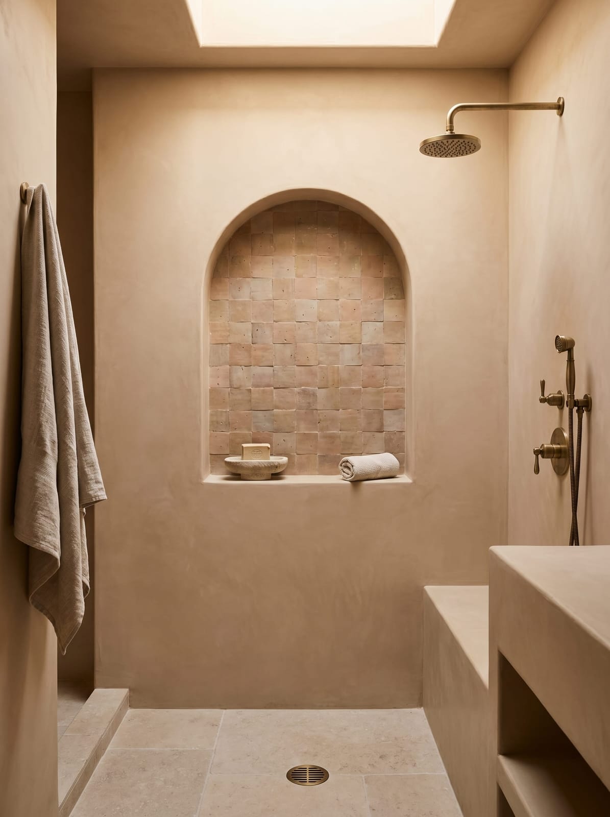 Warm organic bathroom featuring a zellige tile shower alcove in dusty terracotta rose with a wall-mount brushed gold Kohler Purist hand shower, an overhead rain shower head, a round gold floor drain, and a travertine soap dish on a built-in ledge under an open skylight.
