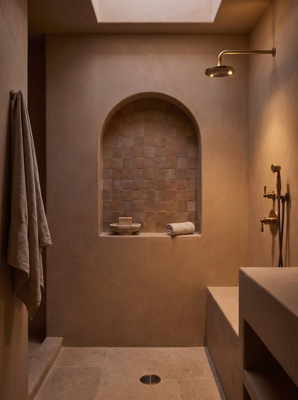 Arched terracotta zellige tiled shower alcove shown in bright midday skylight and soft amber evening sconce light.