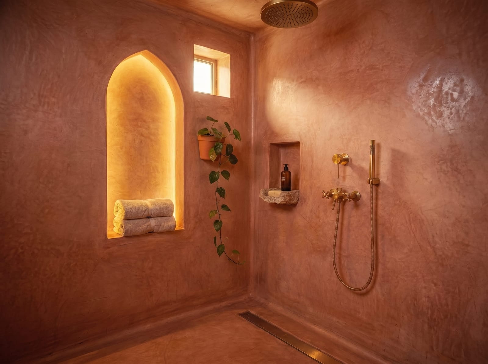 Horizontal view of the terracotta tadelakt plaster walk-in shower with unlacquered brass exposed shower system.