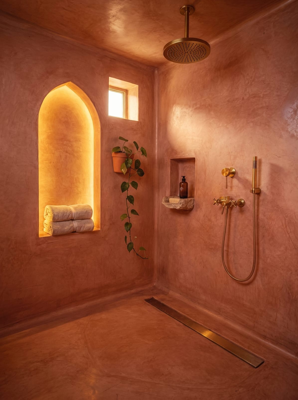 Walk-in shower with terracotta tadelakt plaster walls, unlacquered brass exposed shower system, arched niche with folded cream towels, trailing pothos plant, and amber glass soap dispenser on a stone shelf.